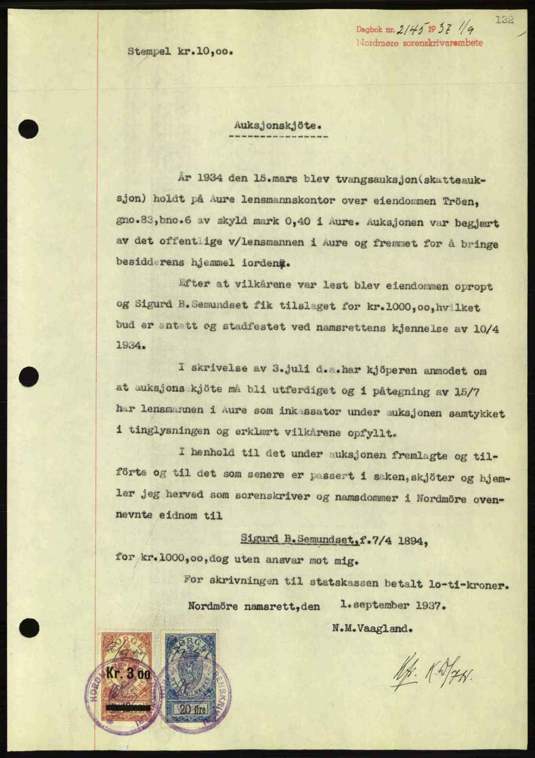 Nordmøre sorenskriveri, SAT/A-4132/1/2/2Ca: Pantebok nr. A82, 1937-1938, Dagboknr: 2145/1937