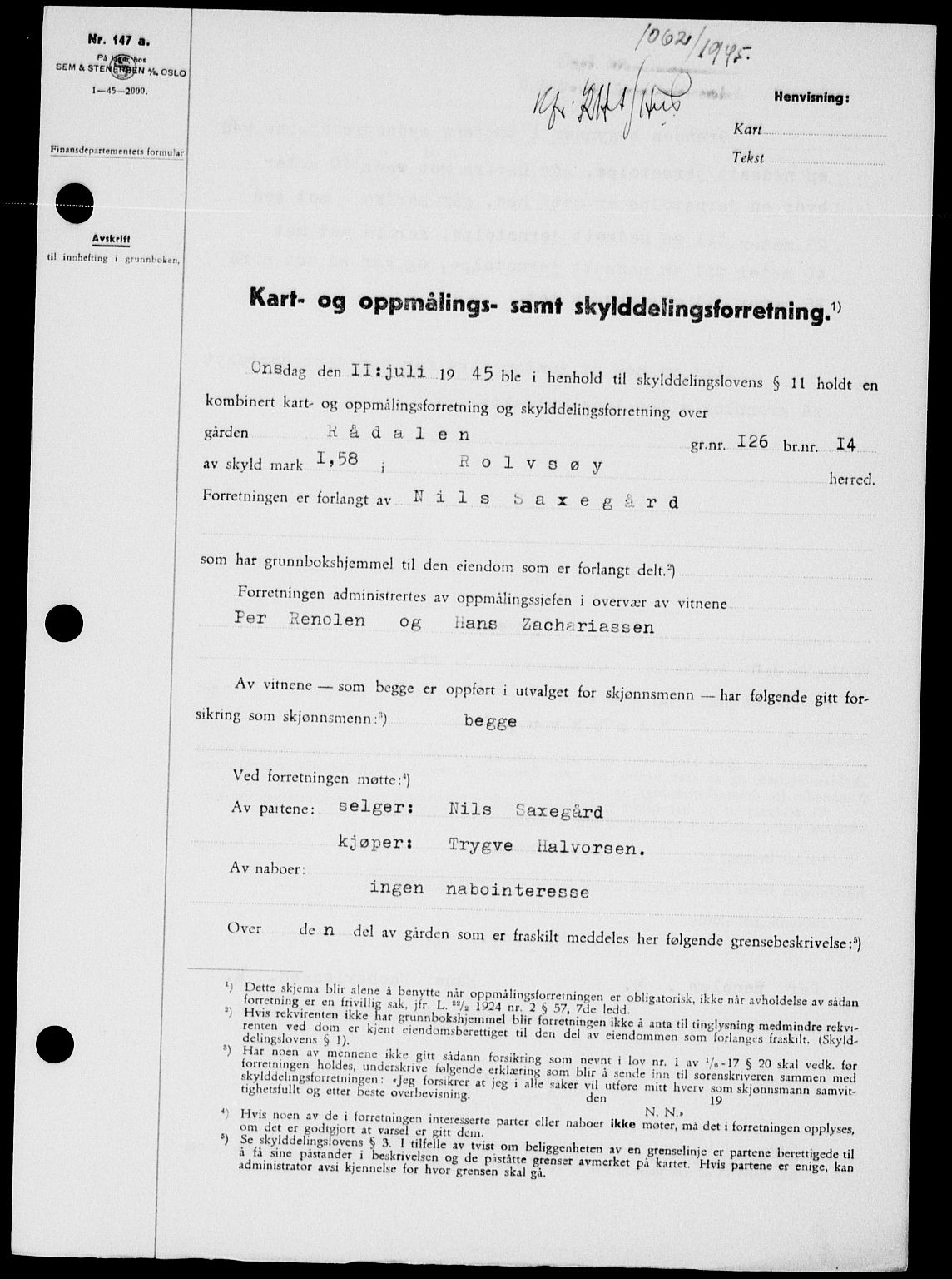 Onsøy sorenskriveri, SAO/A-10474/G/Ga/Gab/L0014: Pantebok nr. II A-14, 1944-1945, Dagboknr: 1062/1945