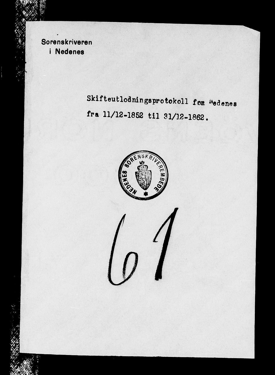 Nedenes sorenskriveri, AV/SAK-1221-0006/H/Hc/L0015: Skifteutlodningsprotokoll nr 1 med register, 1852-1862