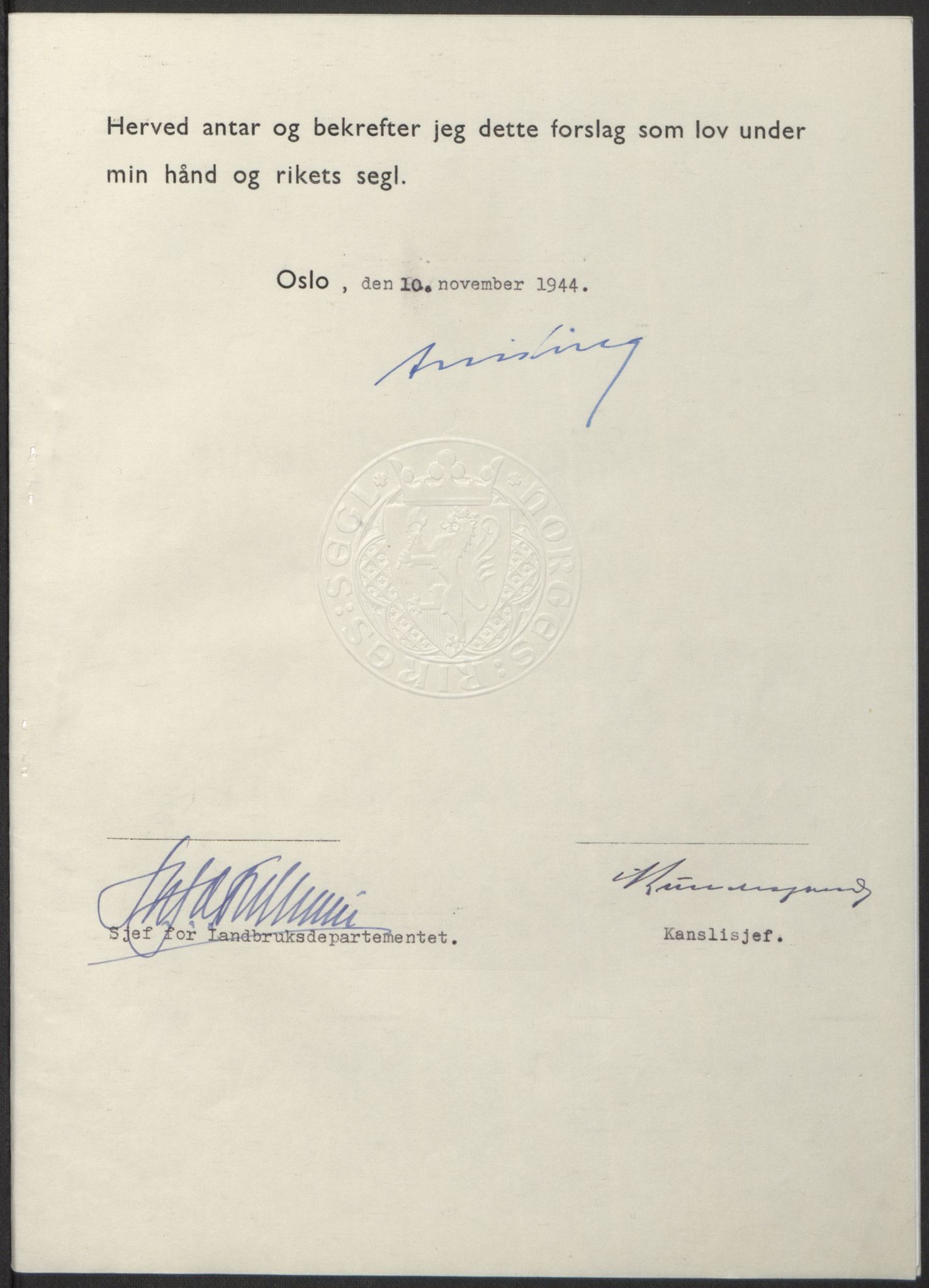 NS-administrasjonen 1940-1945 (Statsrådsekretariatet, de kommisariske statsråder mm), RA/S-4279/D/Db/L0100: Lover, 1944, s. 581