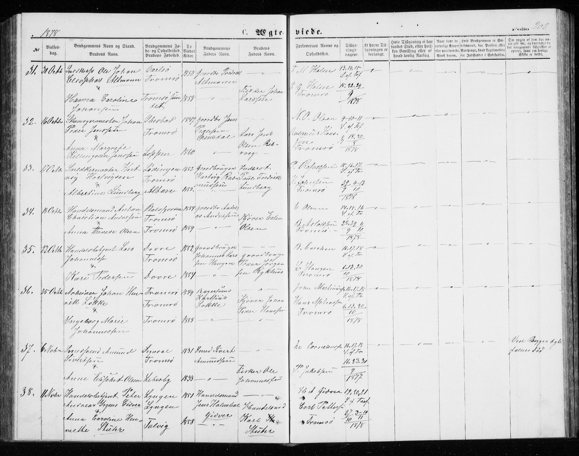 Tromsø sokneprestkontor/stiftsprosti/domprosti, AV/SATØ-S-1343/G/Gb/L0008klokker: Klokkerbok nr. 8, 1875-1879, s. 208