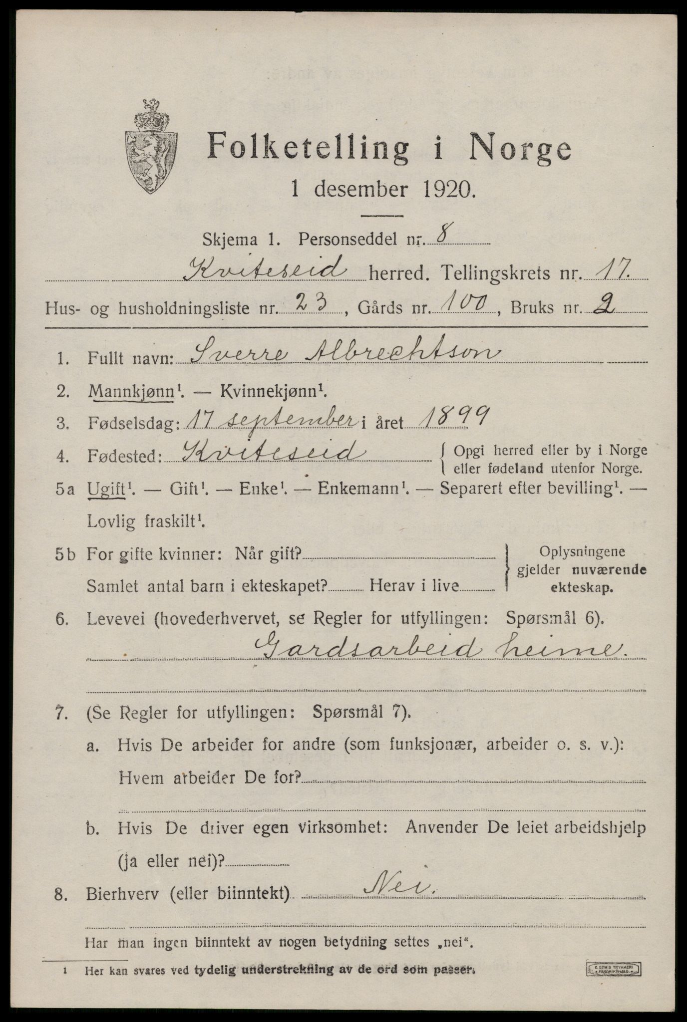 SAKO, Folketelling 1920 for 0829 Kviteseid herred, 1920, s. 7965