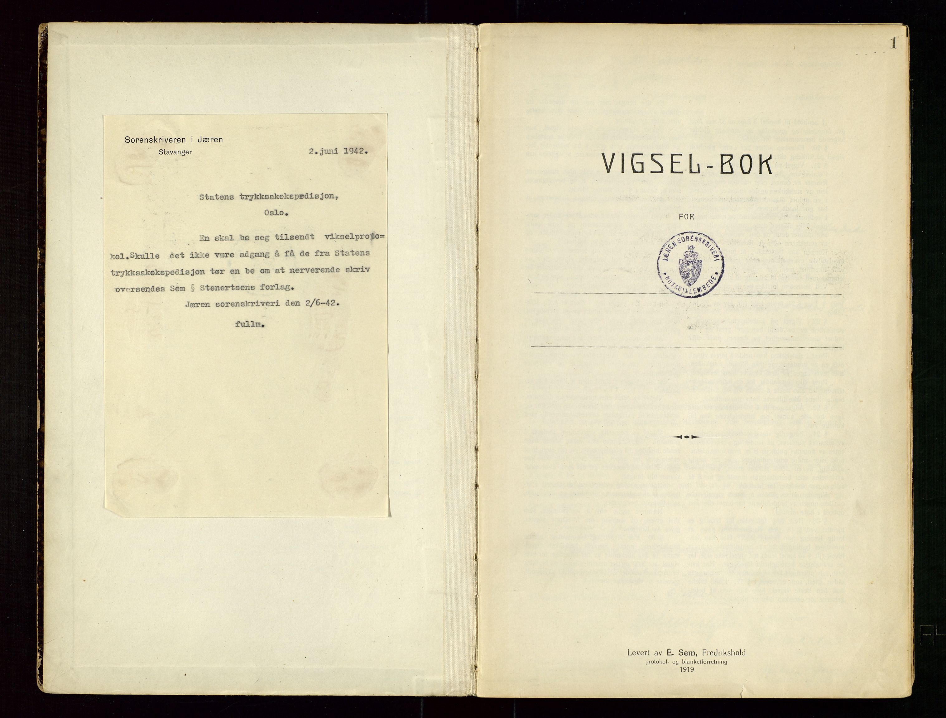 Jæren sorenskriveri, SAST/A-100310/01/6/62/62BA/L0002: VIGSELSPROTOKOLL, 1937-1942, s. 1