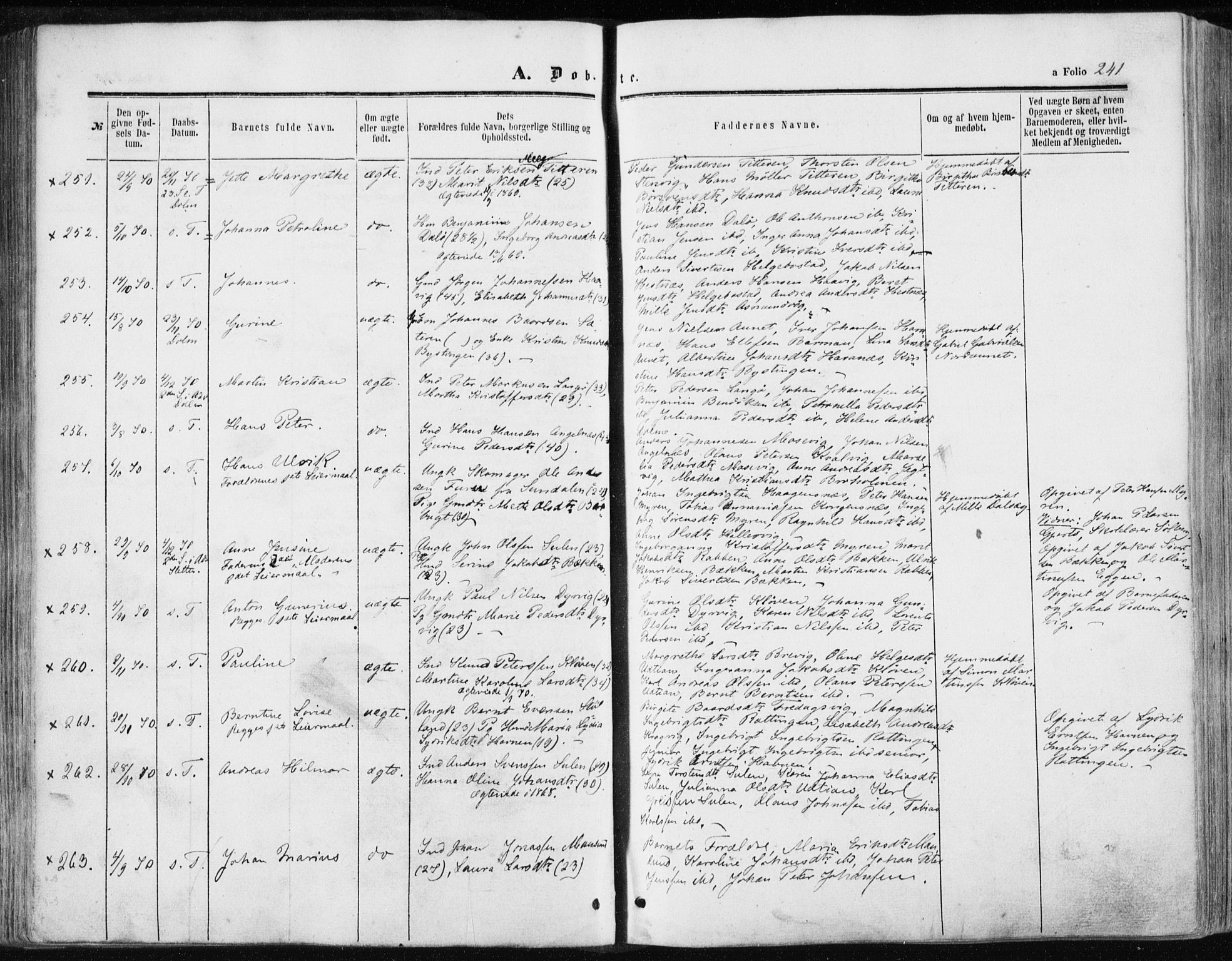 Ministerialprotokoller, klokkerbøker og fødselsregistre - Sør-Trøndelag, SAT/A-1456/634/L0531: Ministerialbok nr. 634A07, 1861-1870, s. 241