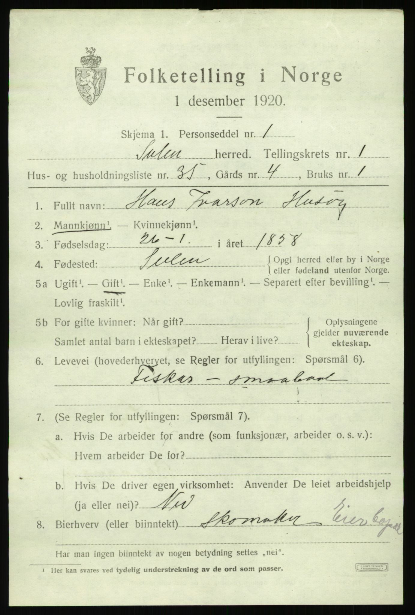 SAB, Folketelling 1920 for 1412 Solund herred, 1920, s. 1106