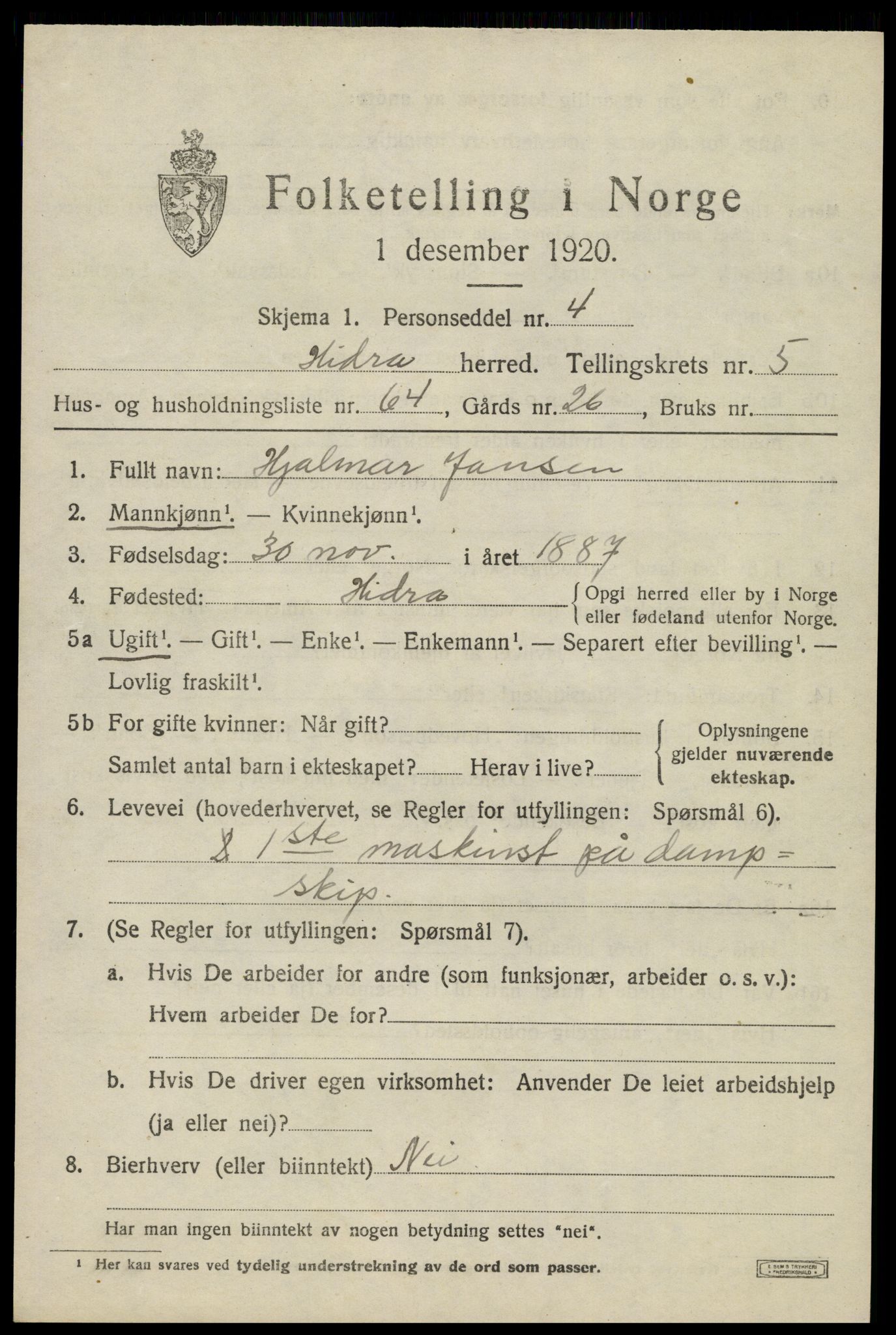 SAK, Folketelling 1920 for 1042 Hidra herred, 1920, s. 4062