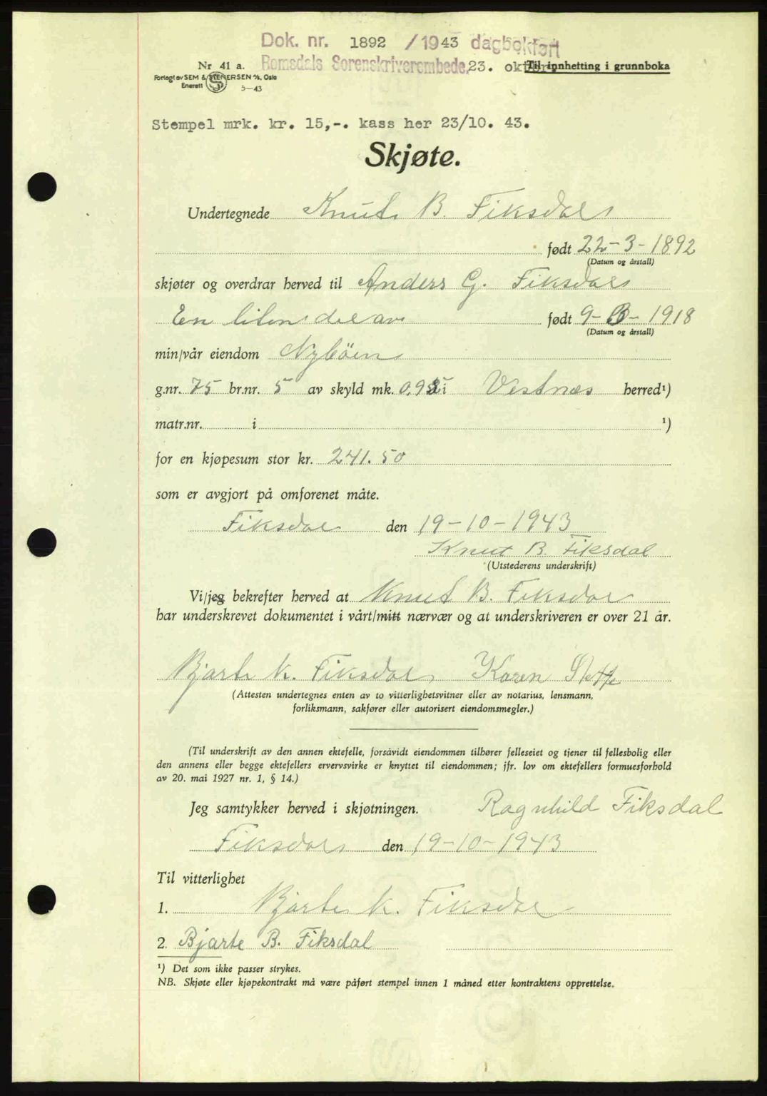 Romsdal sorenskriveri, AV/SAT-A-4149/1/2/2C: Pantebok nr. A15, 1943-1944, Dagboknr: 1892/1943