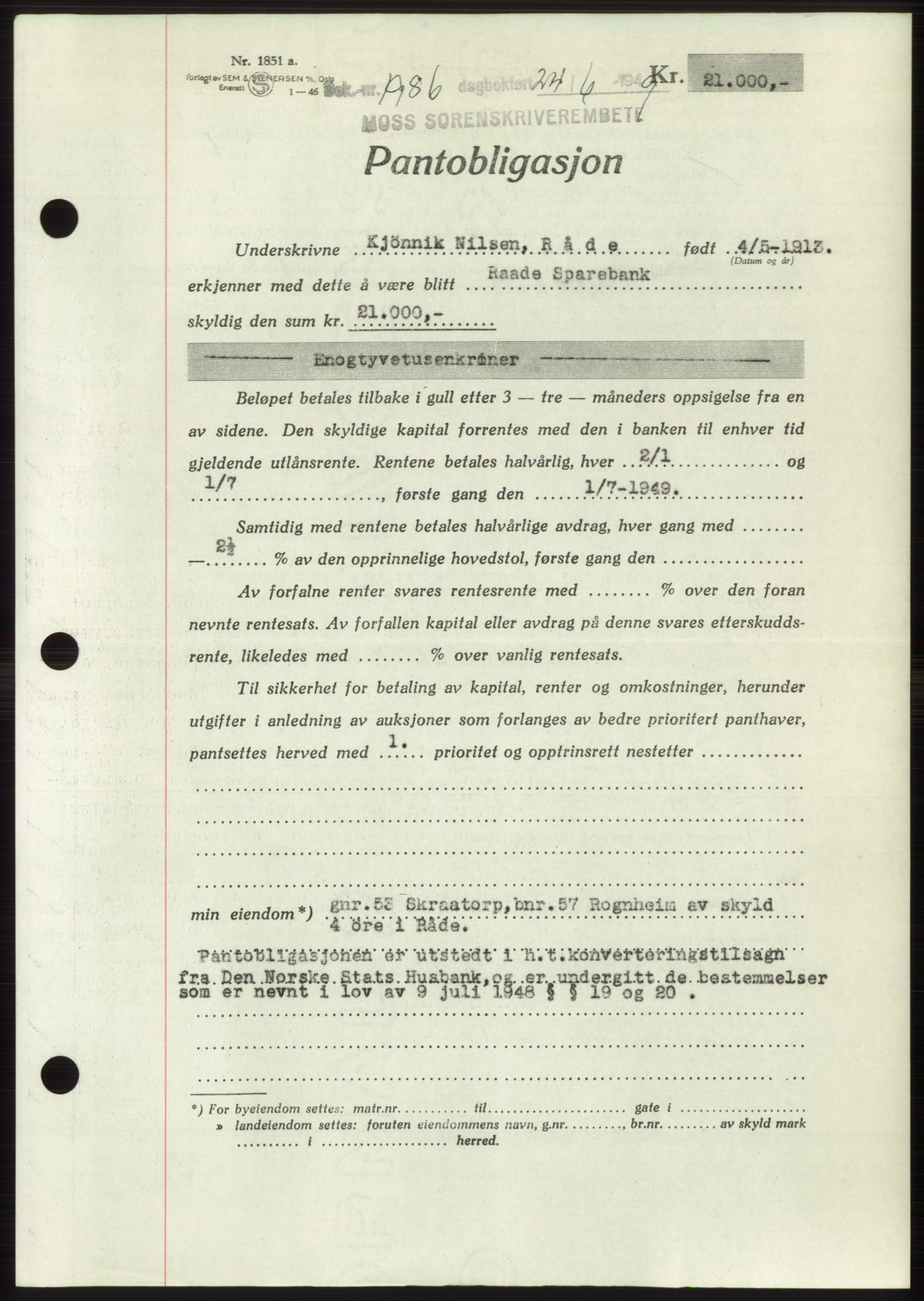 Moss sorenskriveri, SAO/A-10168: Pantebok nr. B22, 1949-1949, Dagboknr: 1986/1949