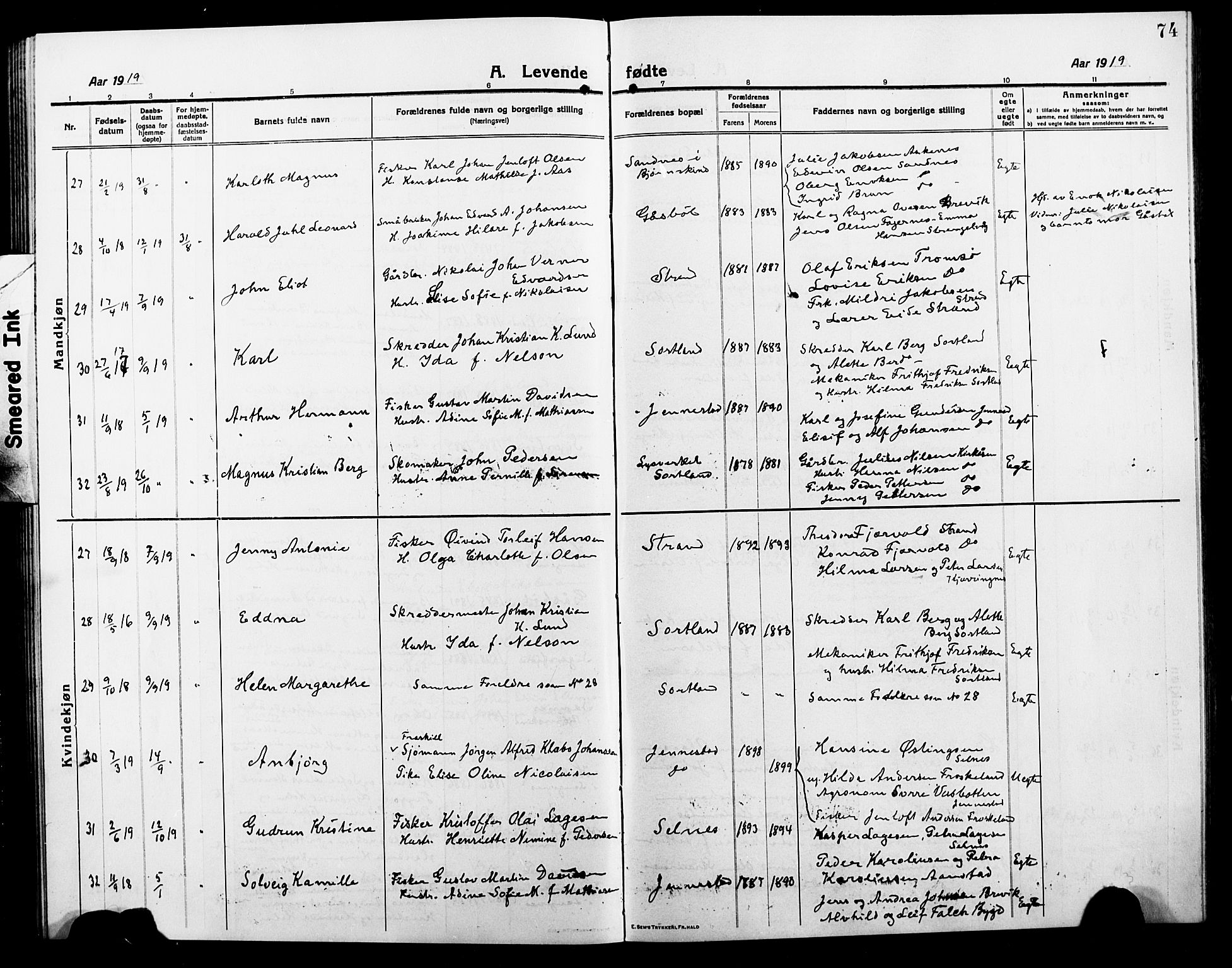 Ministerialprotokoller, klokkerbøker og fødselsregistre - Nordland, AV/SAT-A-1459/895/L1383: Klokkerbok nr. 895C05, 1913-1922, s. 74