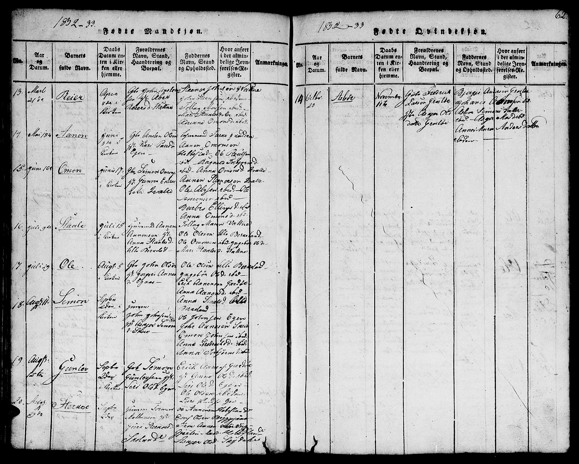 Hægebostad sokneprestkontor, SAK/1111-0024/F/Fb/Fbb/L0001: Klokkerbok nr. B 1, 1816-1850, s. 62