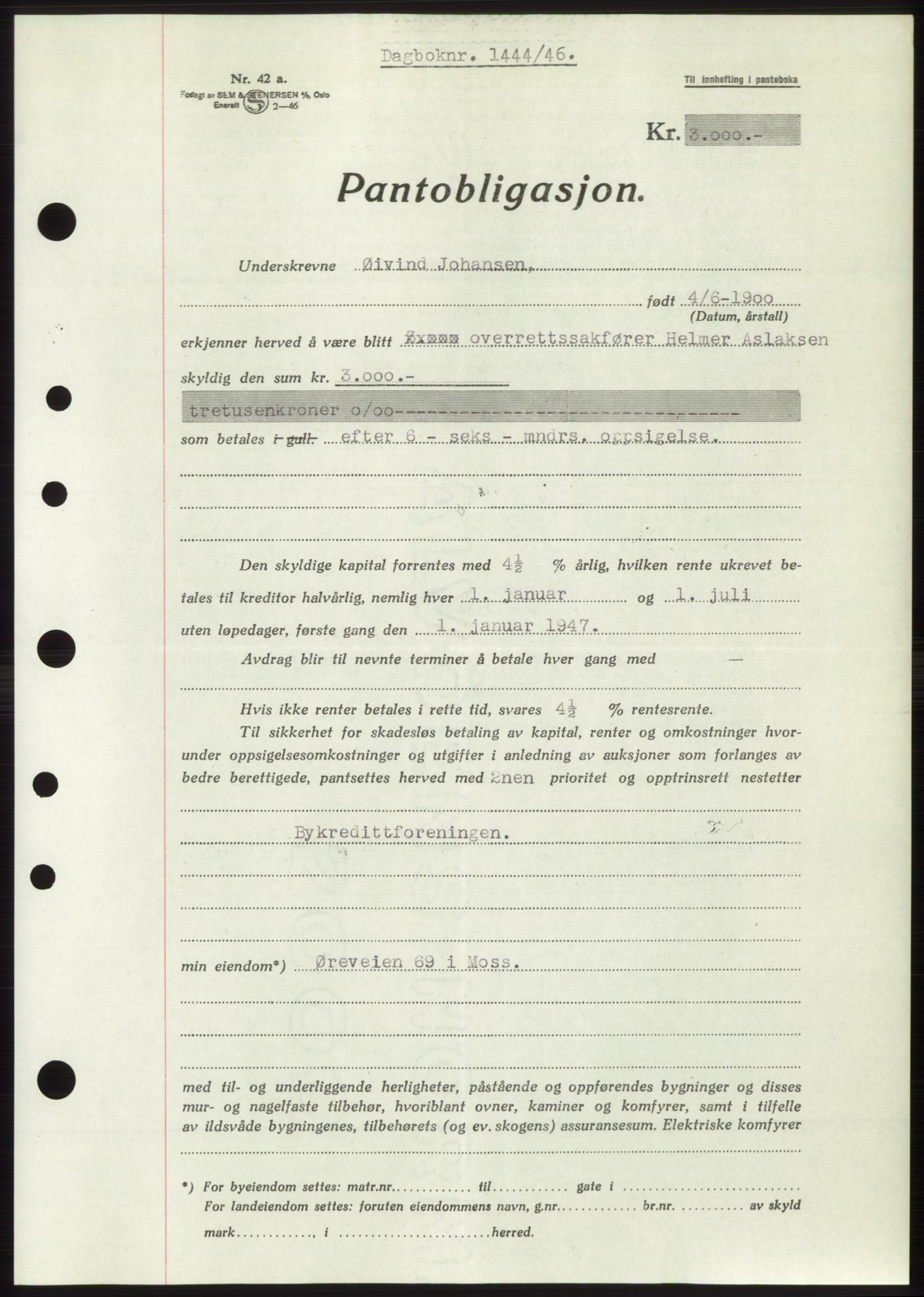 Moss sorenskriveri, SAO/A-10168: Pantebok nr. B15, 1946-1946, Dagboknr: 1444/1946