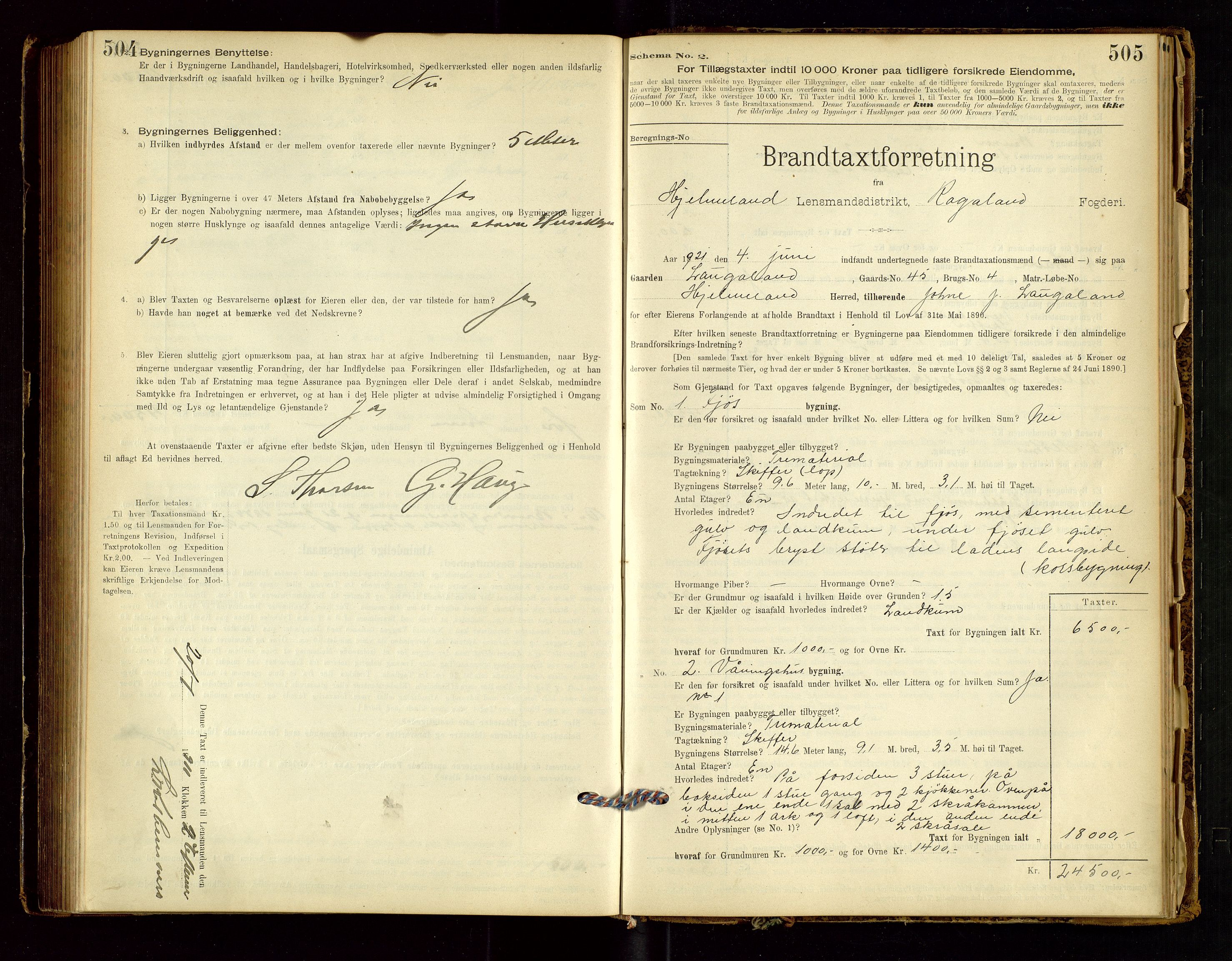 Hjelmeland lensmannskontor, AV/SAST-A-100439/Gob/L0001: "Brandtaxationsprotokol", 1895-1932, s. 504-505
