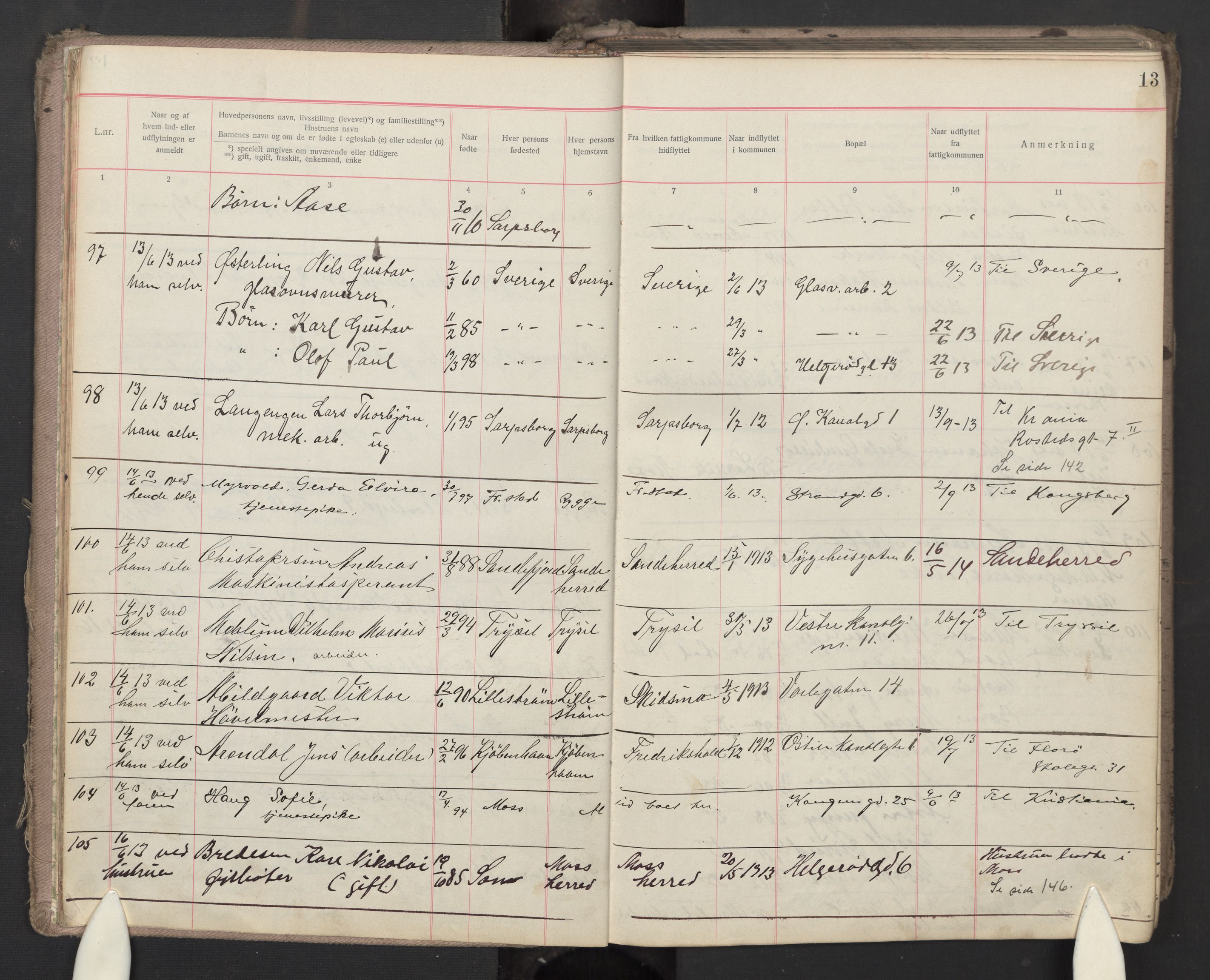 Moss folkeregister, AV/SAO-A-10020/J/L0003: Inn- og utflyttede i Moss fattigkommune, 1913-1917, s. 13