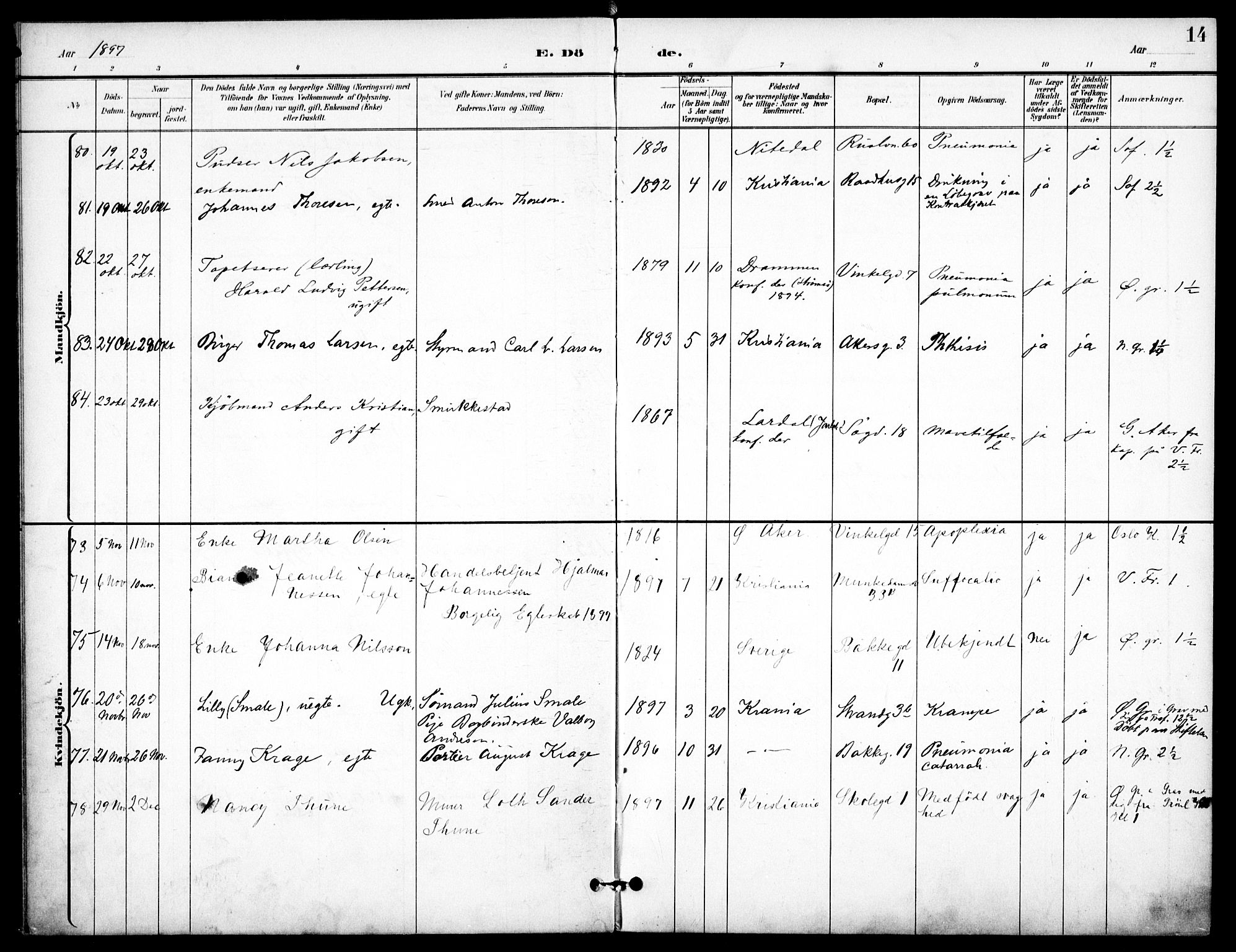 Johannes prestekontor Kirkebøker, AV/SAO-A-10852/F/Fa/L0008: Ministerialbok nr. 8, 1897-1917, s. 14