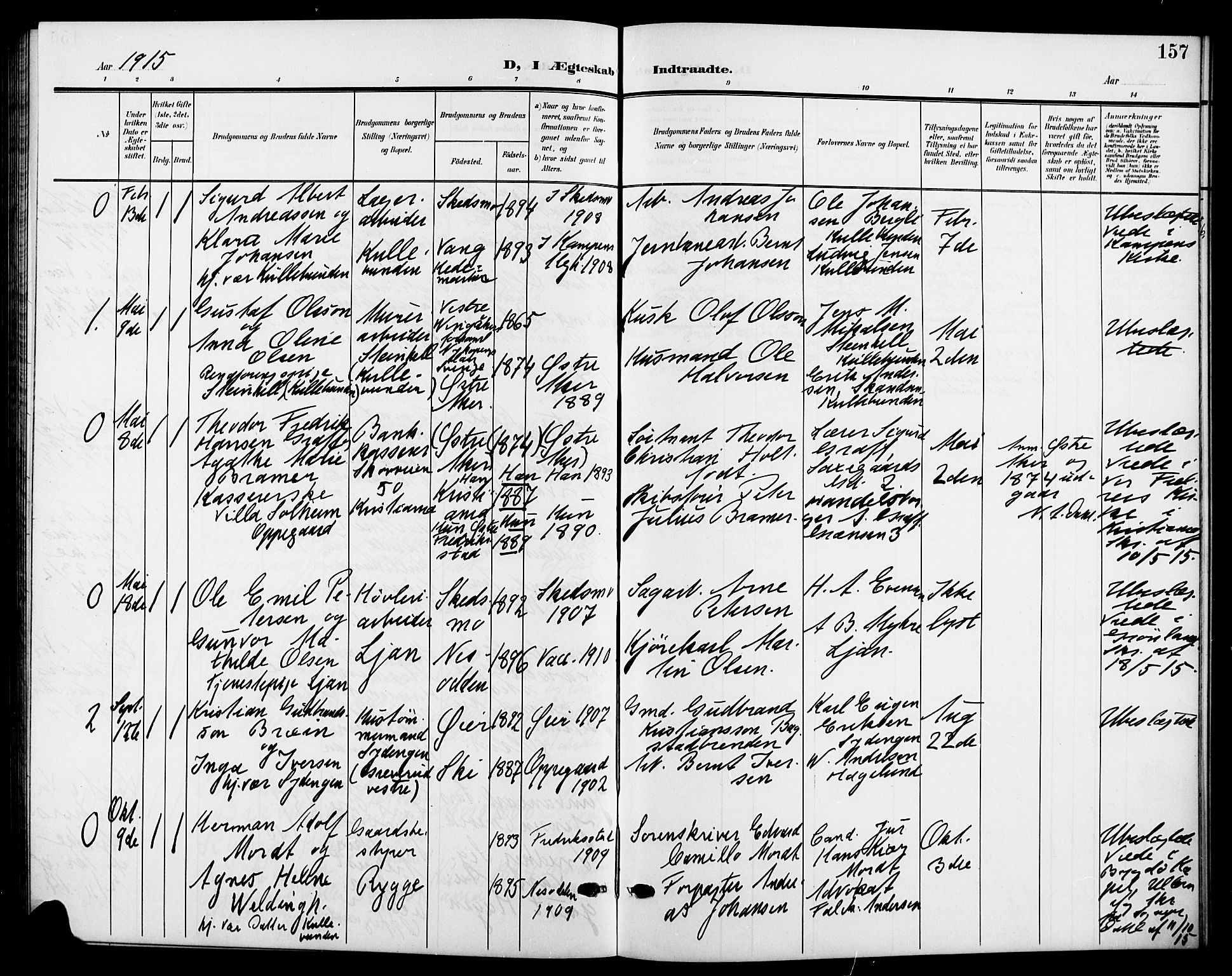 Nesodden prestekontor Kirkebøker, AV/SAO-A-10013/G/Gb/L0001: Klokkerbok nr. II 1, 1905-1924, s. 157