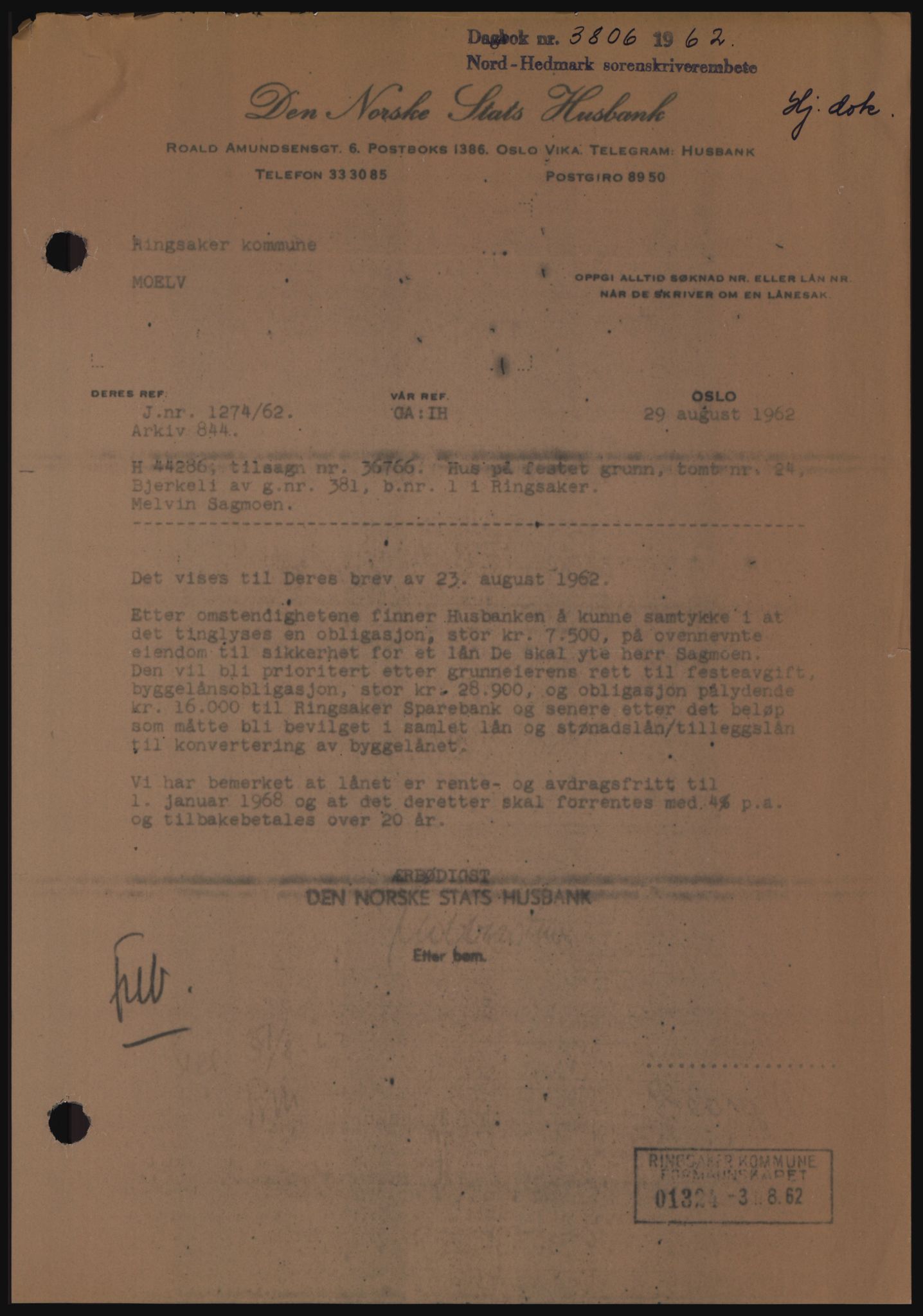 Nord-Hedmark sorenskriveri, SAH/TING-012/H/Hc/L0016: Pantebok nr. 16, 1962-1962, Dagboknr: 3806/1962