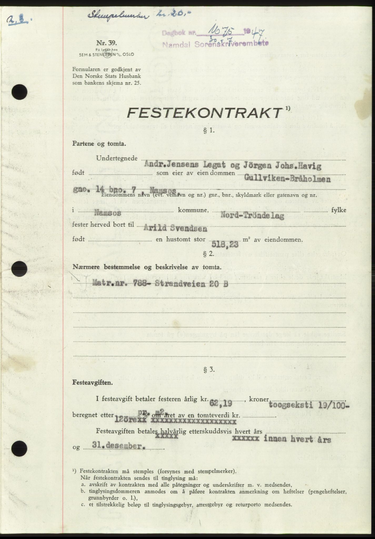 Namdal sorenskriveri, SAT/A-4133/1/2/2C: Pantebok nr. -, 1947-1947, Dagboknr: 1675/1947