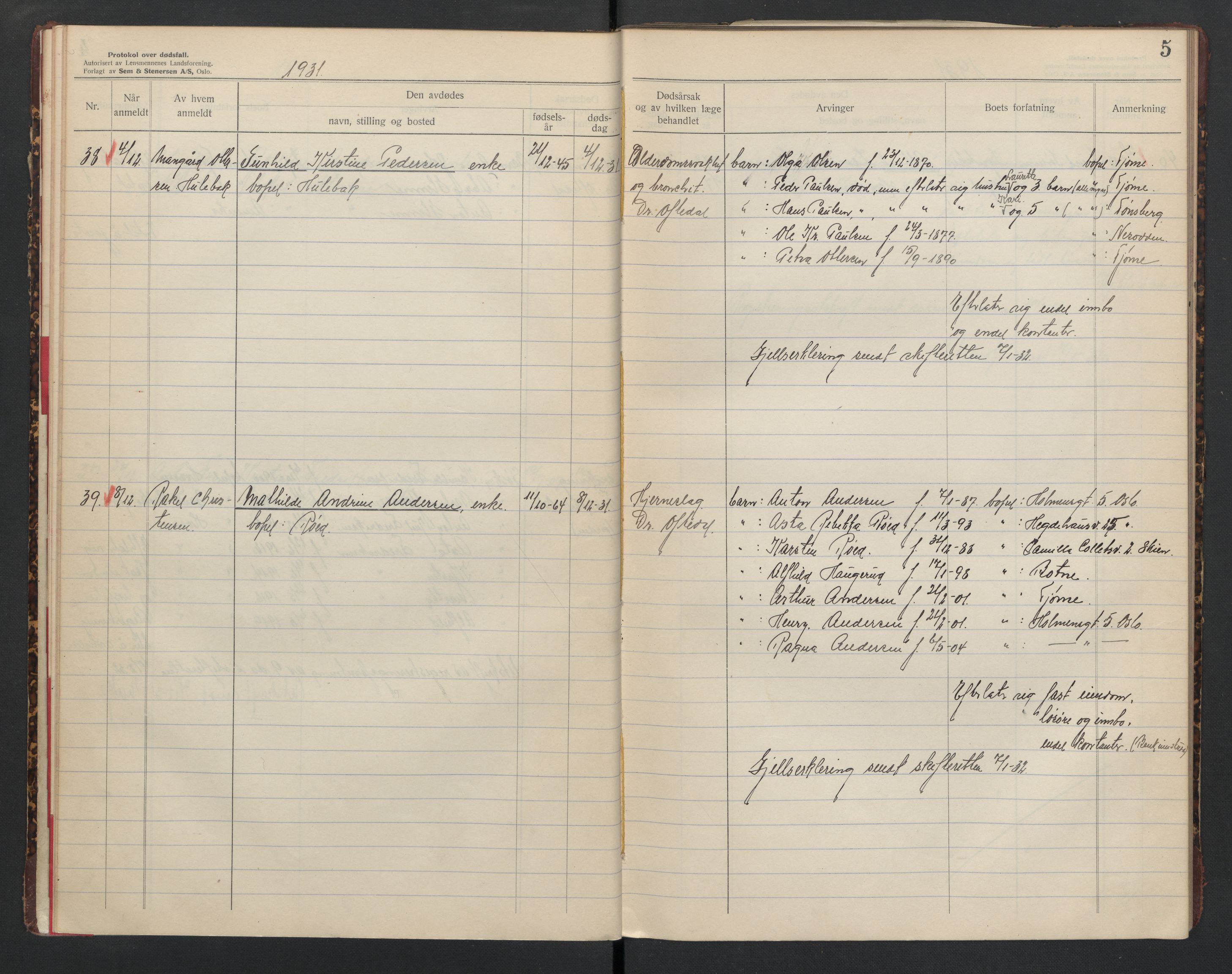 Tjøme lensmannskontor, AV/SAKO-A-55/H/Ha/L0001: Dødsfallsprotokoll, 1931-1936, s. 5