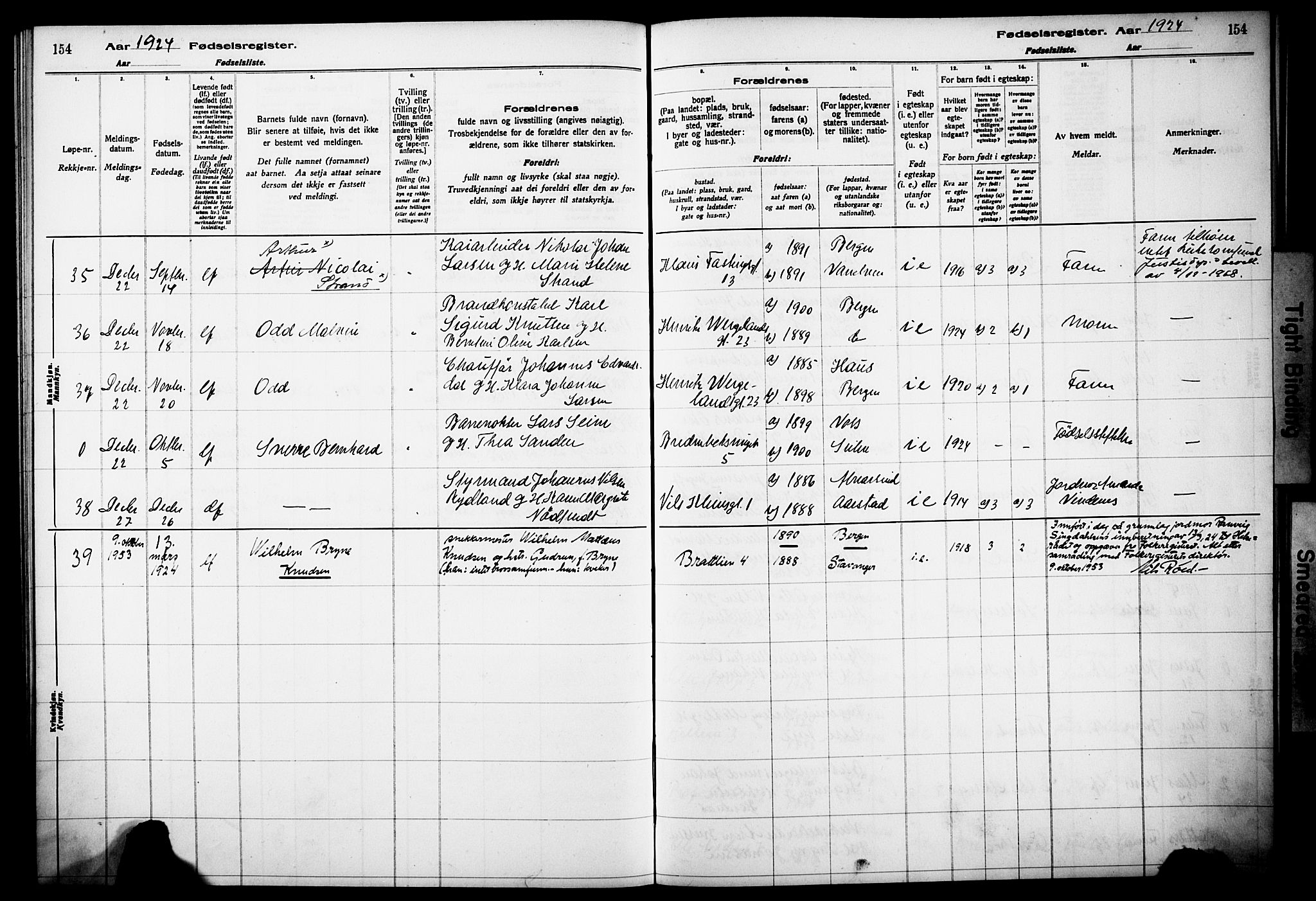 Korskirken sokneprestembete, SAB/A-76101/I/Id/L00A1: Fødselsregister nr. A 1, 1916-1929, s. 154
