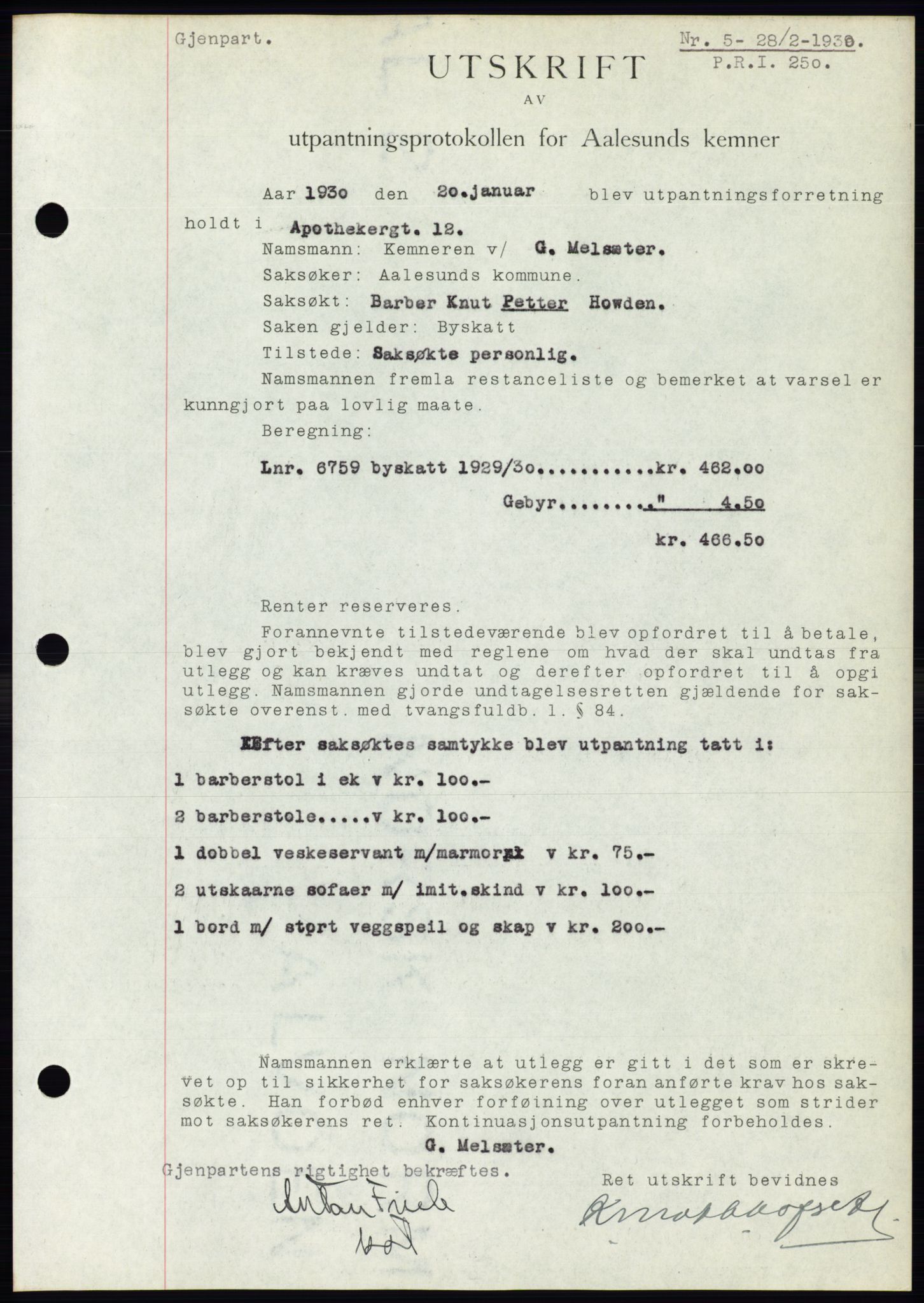 Ålesund byfogd, AV/SAT-A-4384: Pantebok nr. 26, 1930-1930, Tingl.dato: 28.02.1930