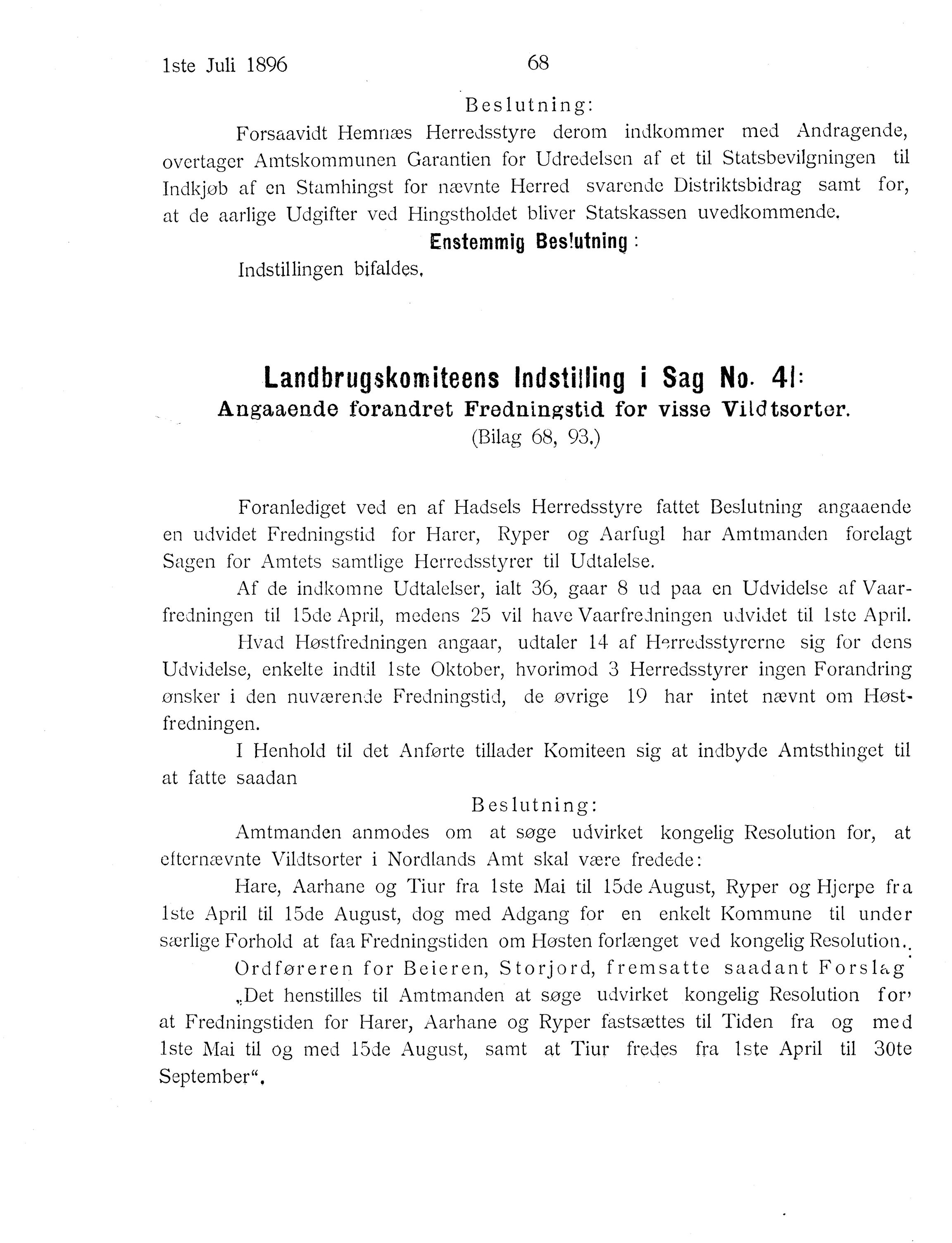 Nordland Fylkeskommune. Fylkestinget, AIN/NFK-17/176/A/Ac/L0019: Fylkestingsforhandlinger 1896, 1896