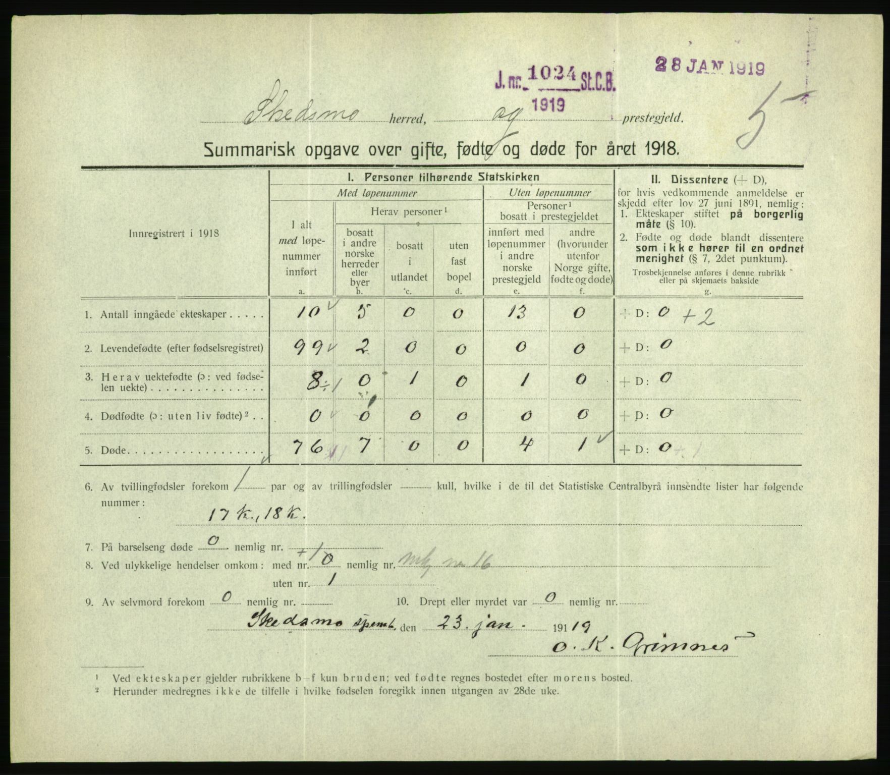 Statistisk sentralbyrå, Sosiodemografiske emner, Befolkning, AV/RA-S-2228/D/Df/Dfb/Dfbh/L0059: Summariske oppgaver over gifte, fødte og døde for hele landet., 1918, s. 207