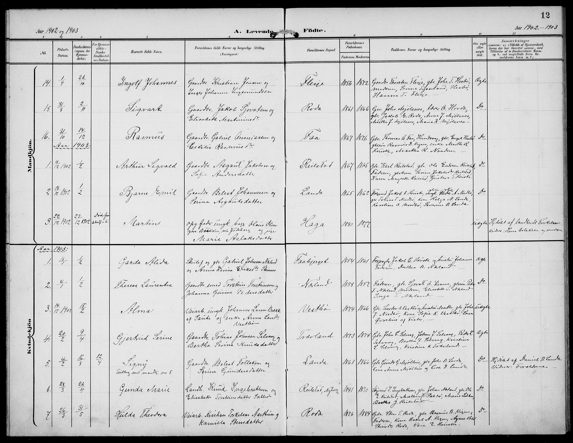 Finnøy sokneprestkontor, AV/SAST-A-101825/H/Ha/Hab/L0006: Klokkerbok nr. B 6, 1900-1934, s. 12