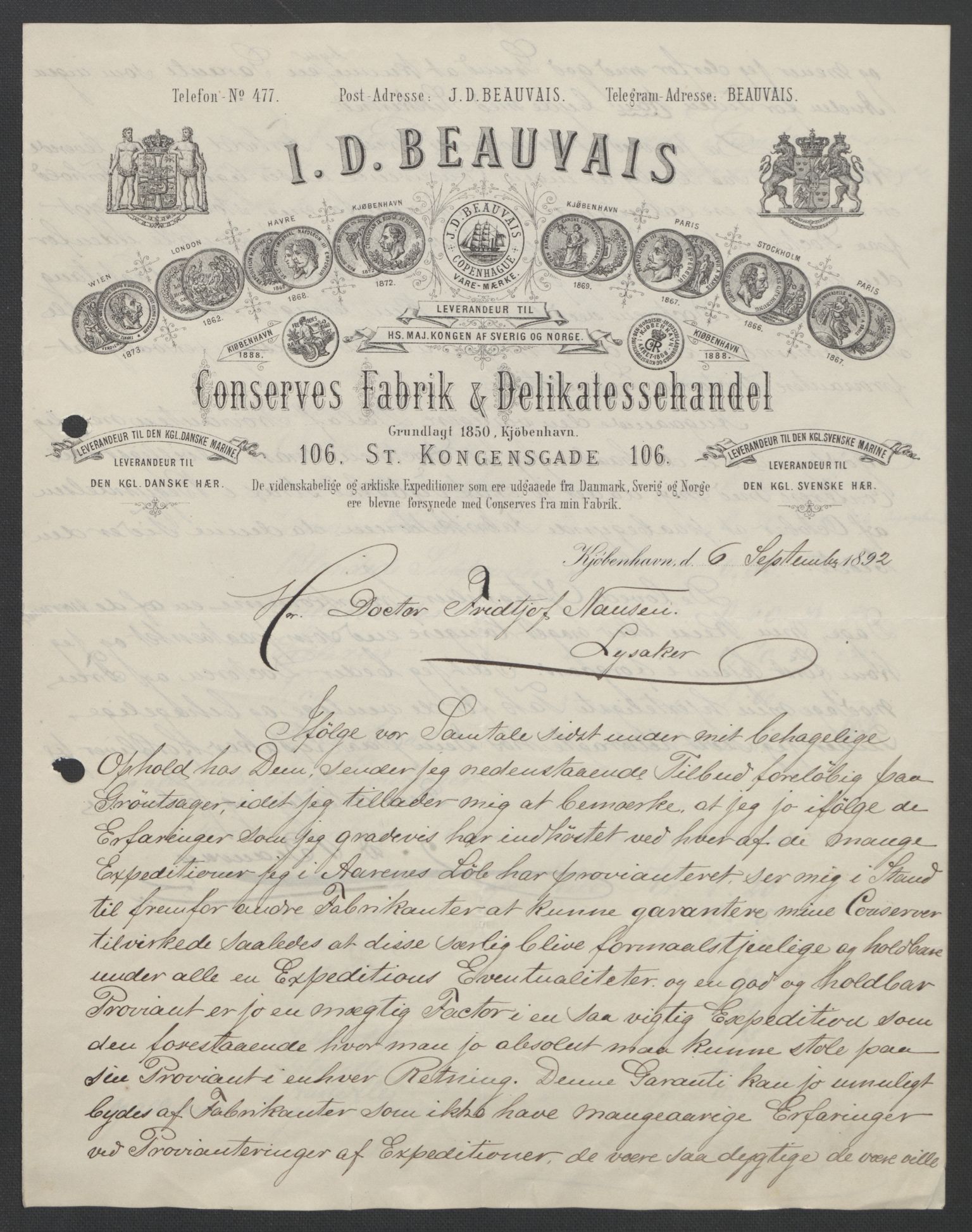 Arbeidskomitéen for Fridtjof Nansens polarekspedisjon, AV/RA-PA-0061/D/L0004: Innk. brev og telegrammer vedr. proviant og utrustning, 1892-1893, s. 34