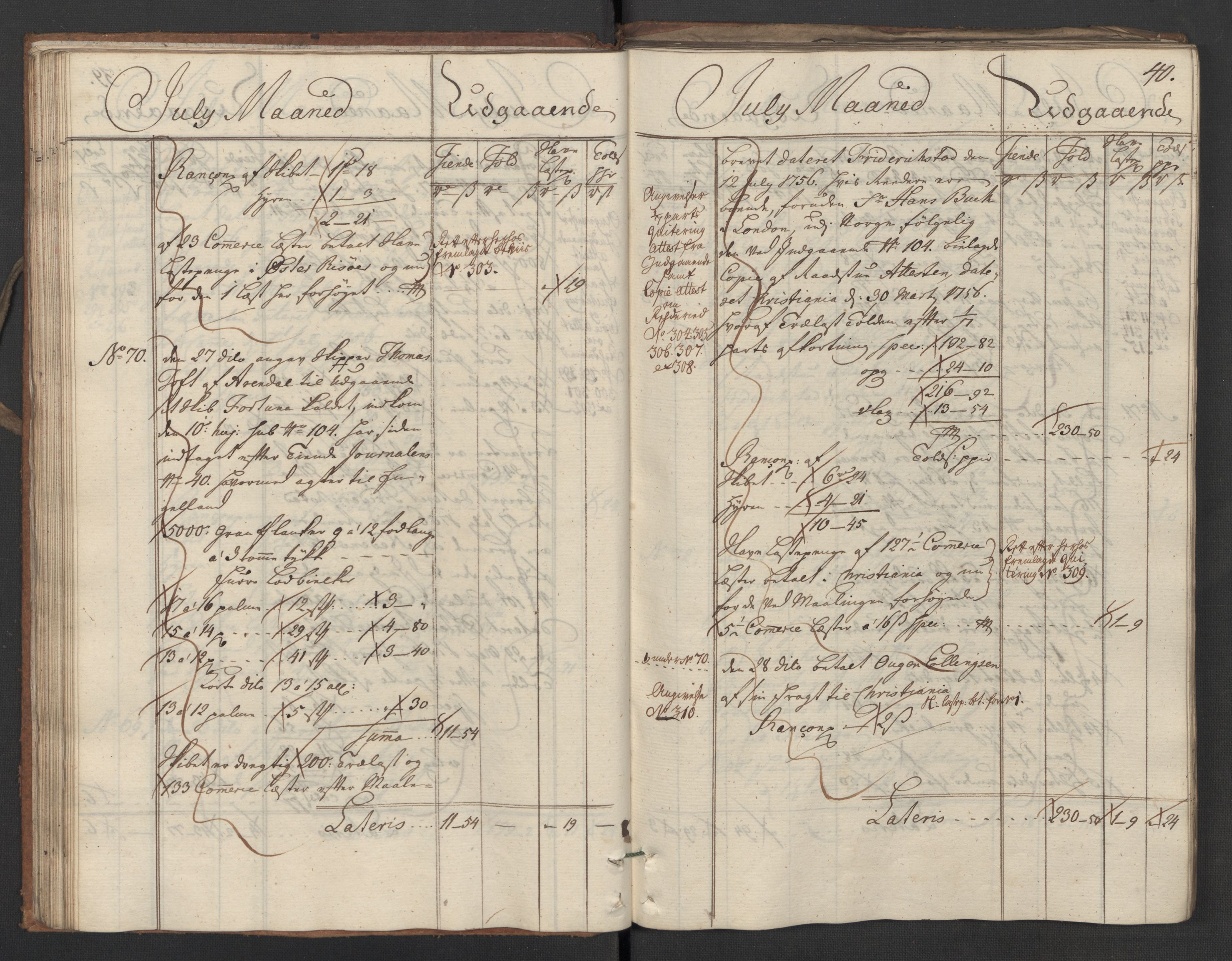 Generaltollkammeret, tollregnskaper, AV/RA-EA-5490/R02/L0023/0001: Tollregnskaper Fredrikstad / Utgående hovedtollbok, 1756, s. 40