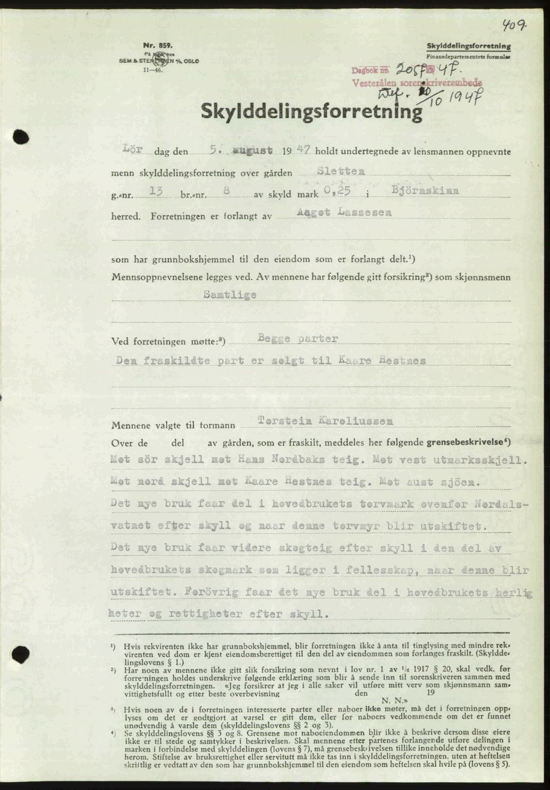 Vesterålen sorenskriveri, SAT/A-4180/1/2/2Ca: Pantebok nr. A21, 1947-1947, Dagboknr: 2057/1947
