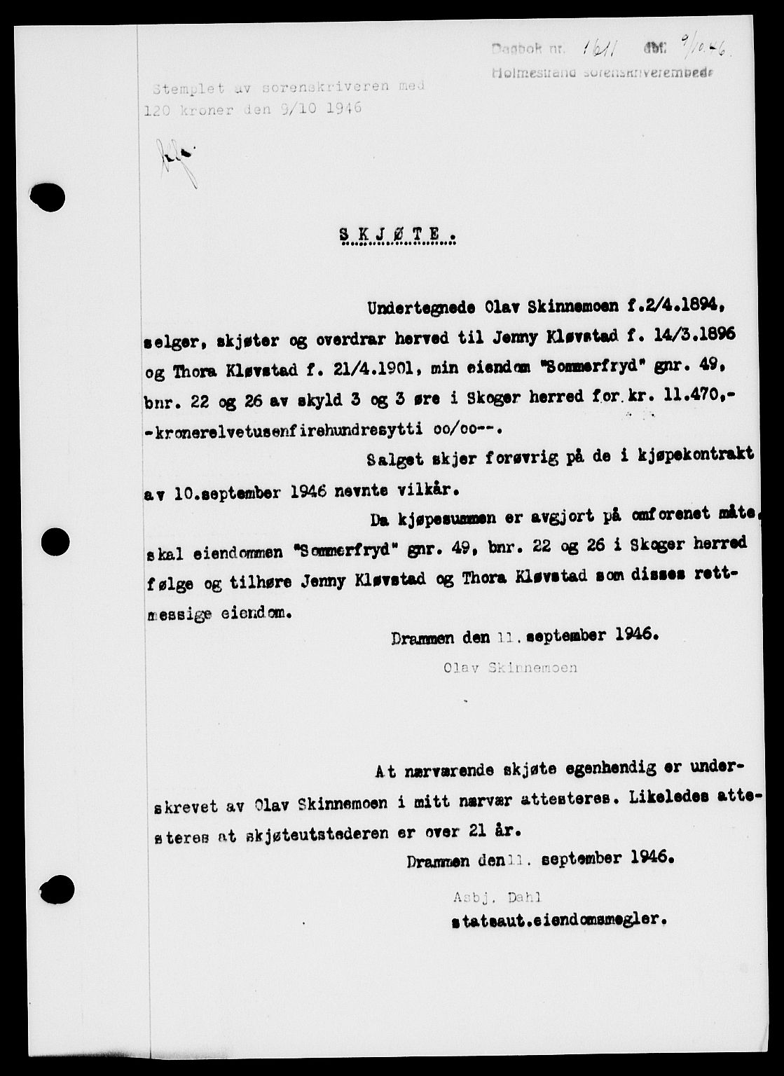 Holmestrand sorenskriveri, SAKO/A-67/G/Ga/Gaa/L0061: Pantebok nr. A-61, 1946-1947, Dagboknr: 1611/1946