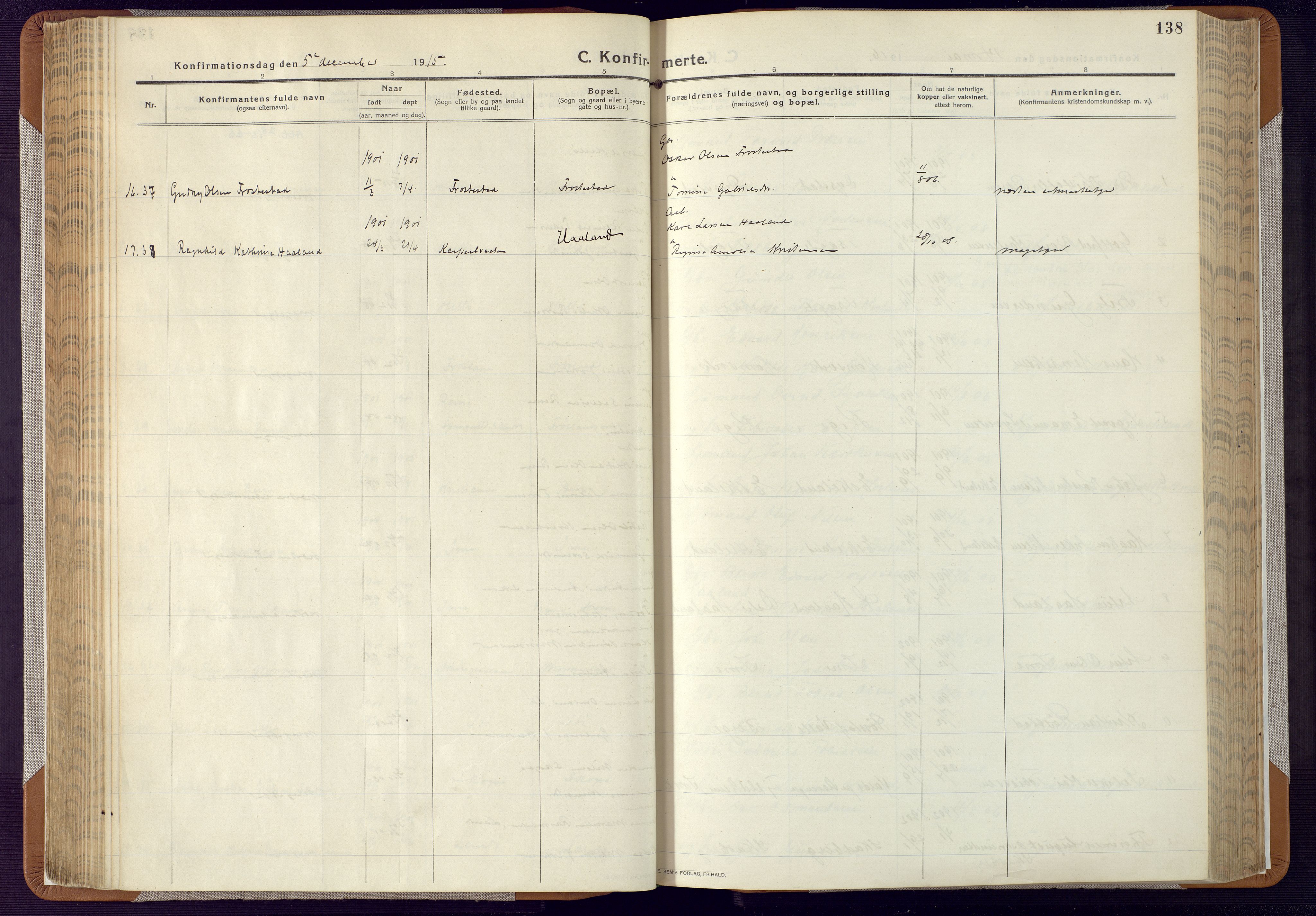 Mandal sokneprestkontor, SAK/1111-0030/F/Fa/Faa/L0022: Ministerialbok nr. A 22, 1913-1925, s. 138