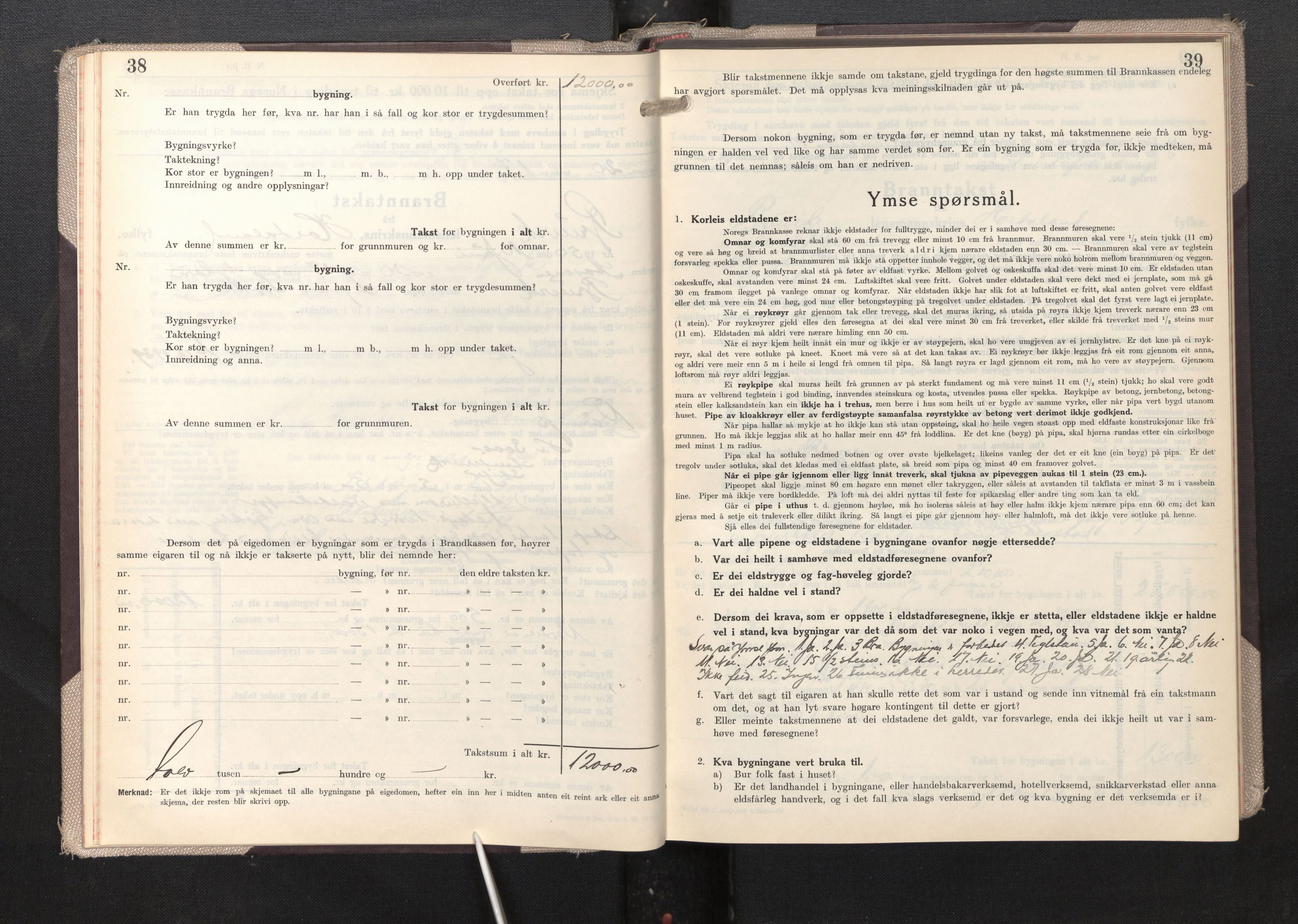 Lensmannen i Bruvik, SAB/A-31301/0012/L0012: Branntakstprotokoll, skjematakst, 1949-1955, s. 38-39
