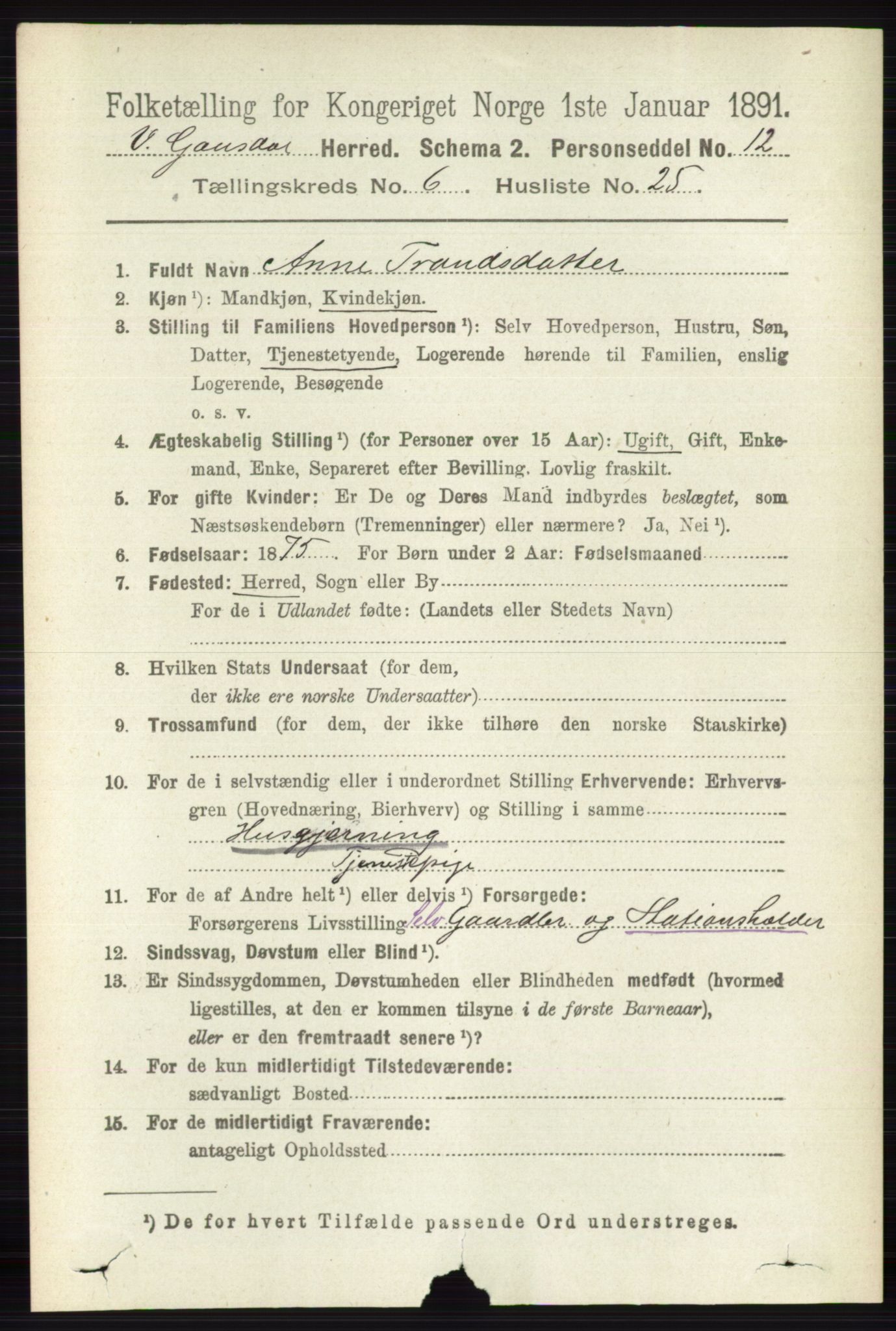 RA, Folketelling 1891 for 0523 Vestre Gausdal herred, 1891, s. 2705