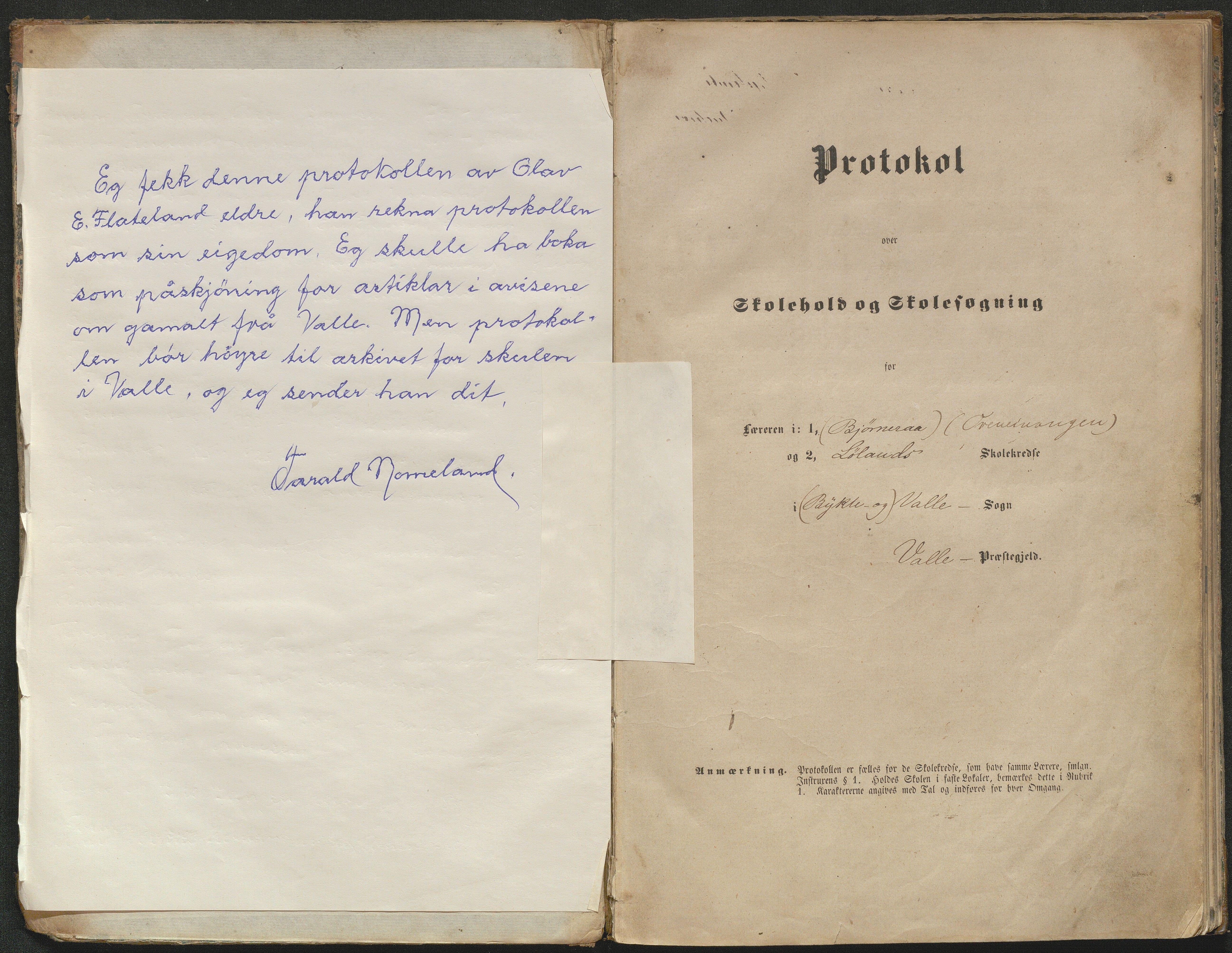 Valle kommune, AAKS/KA0940-PK/03/L0051: Protokoll over skolehold og skolesøkning for Bjørnarå og Løland, 1863-1881