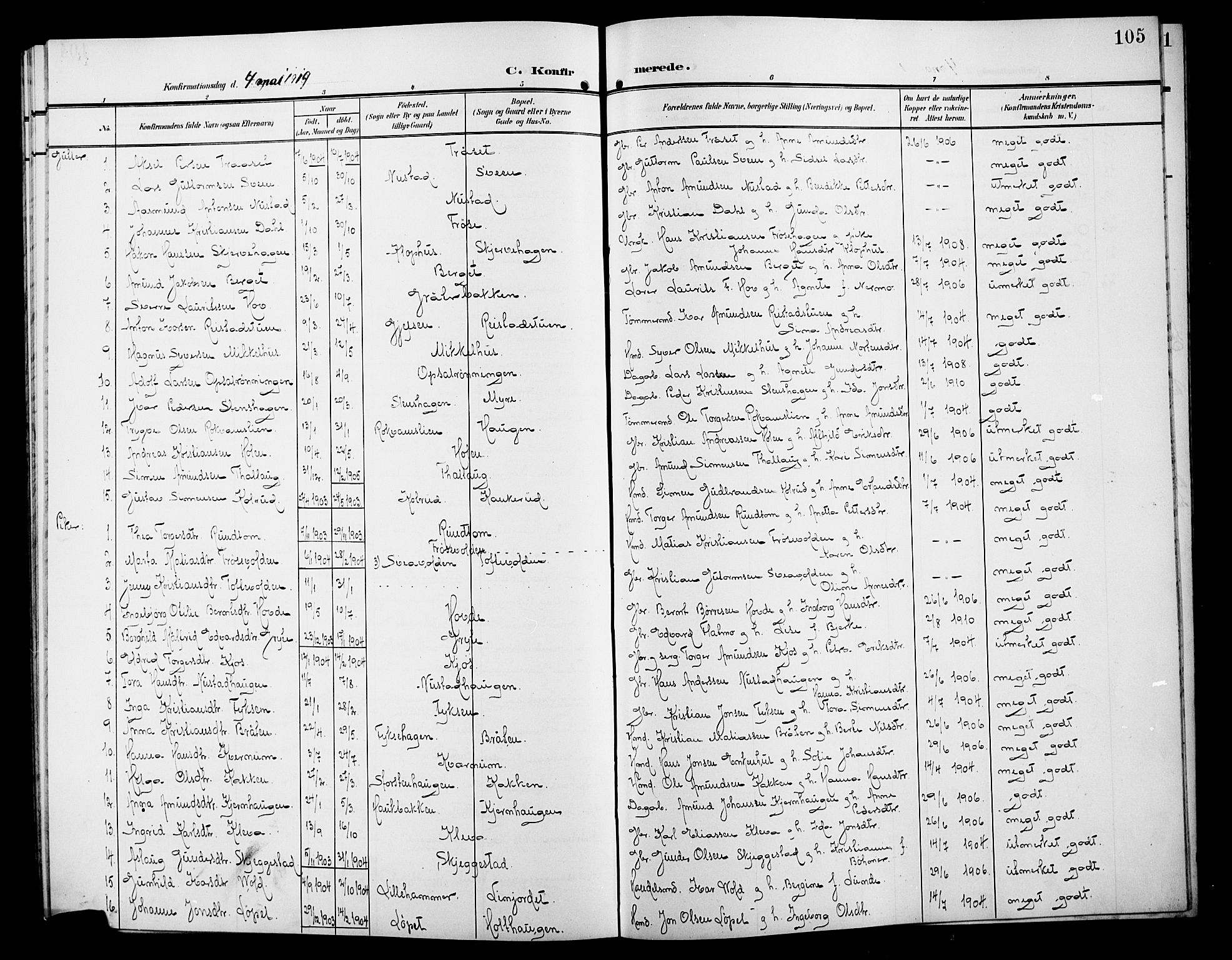 Østre Gausdal prestekontor, AV/SAH-PREST-092/H/Ha/Hab/L0004: Klokkerbok nr. 4, 1905-1923, s. 105