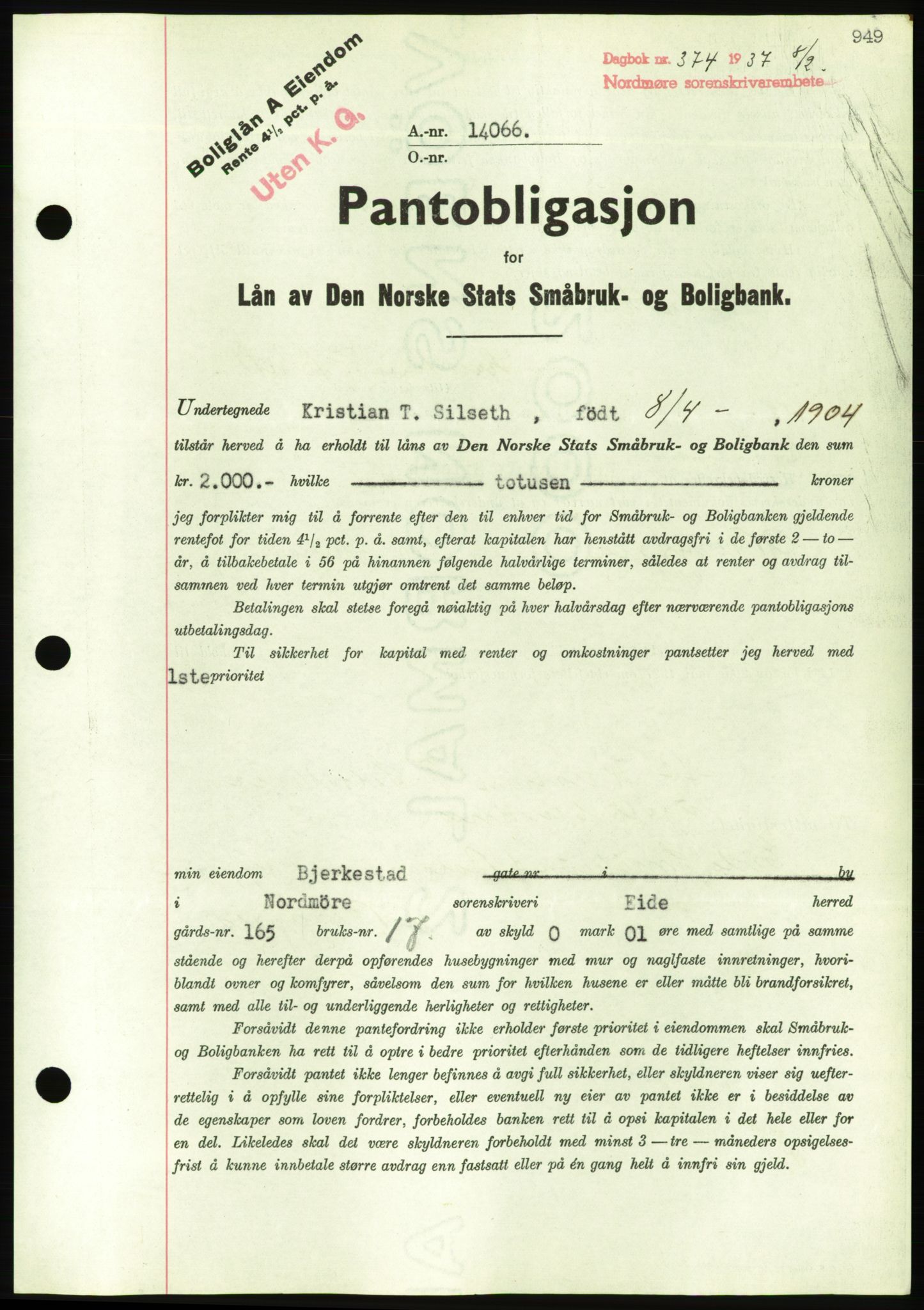 Nordmøre sorenskriveri, AV/SAT-A-4132/1/2/2Ca/L0090: Pantebok nr. B80, 1936-1937, Dagboknr: 374/1937