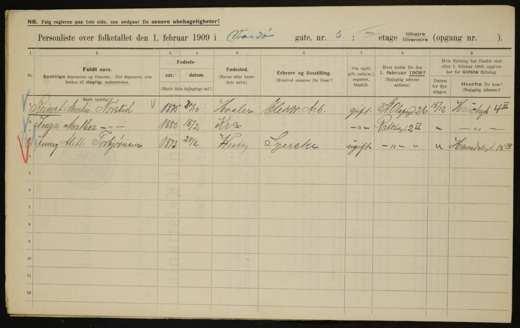 OBA, Kommunal folketelling 1.2.1909 for Kristiania kjøpstad, 1909, s. 110599
