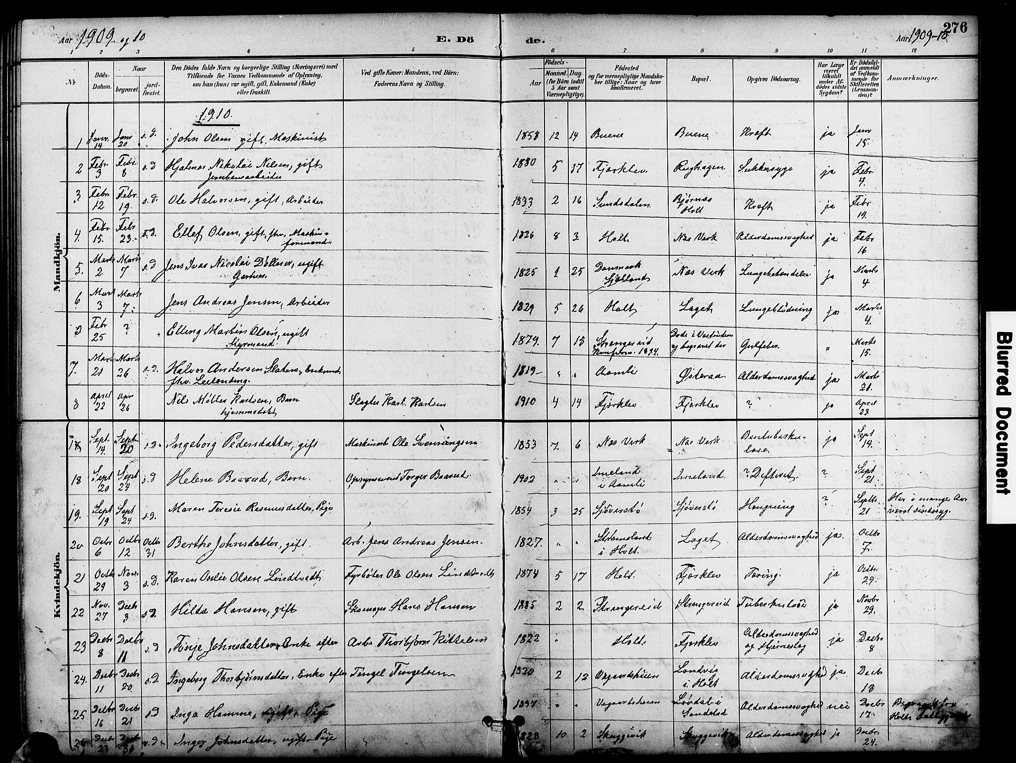 Holt sokneprestkontor, AV/SAK-1111-0021/F/Fb/L0011: Klokkerbok nr. B 11, 1897-1921, s. 276