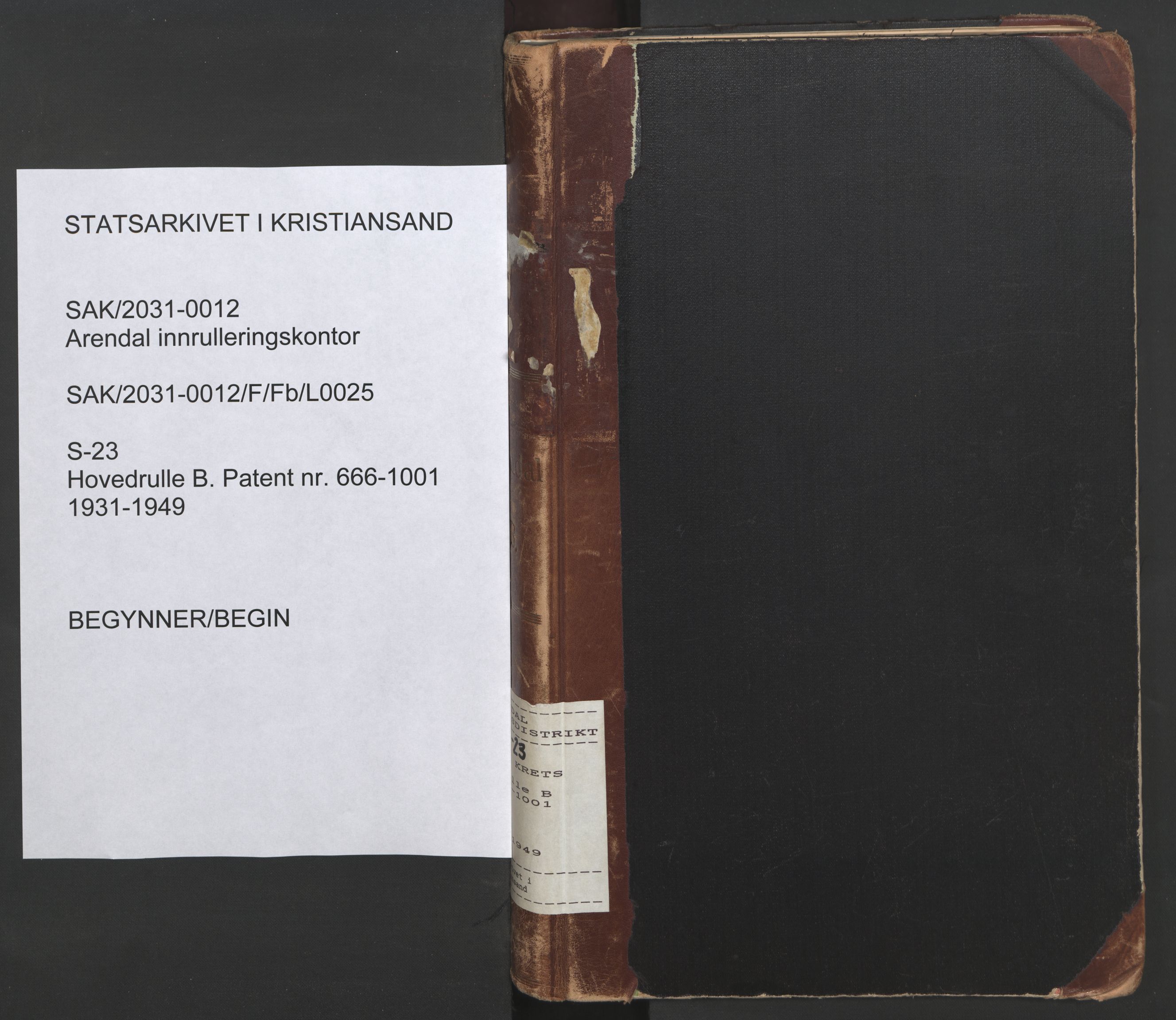 Arendal mønstringskrets, SAK/2031-0012/F/Fb/L0025: Hovedrulle B nr 666-1001, S-23, 1931-1949, s. 1