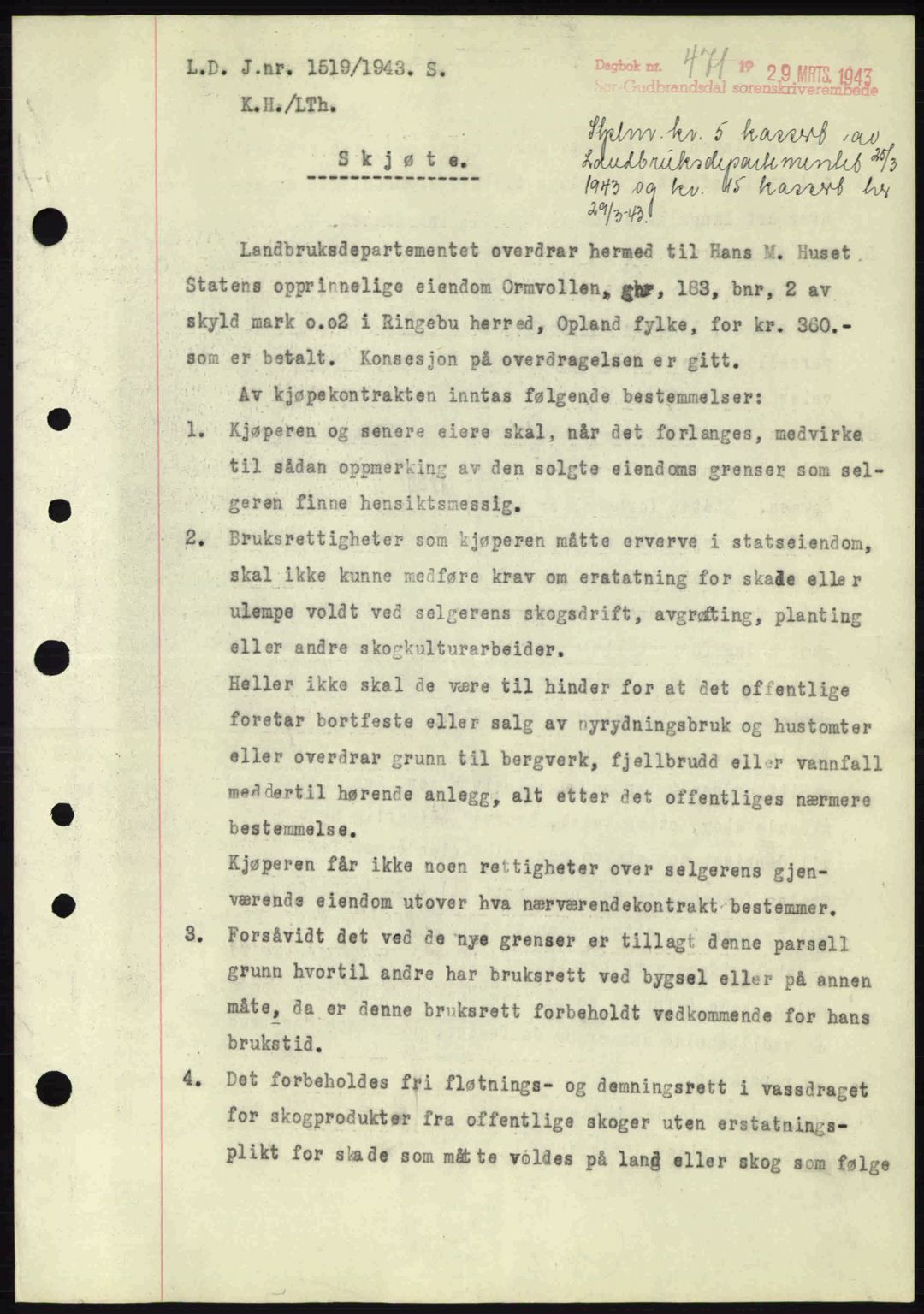 Sør-Gudbrandsdal tingrett, SAH/TING-004/H/Hb/Hbd/L0011: Pantebok nr. A11, 1942-1943, Dagboknr: 471/1943