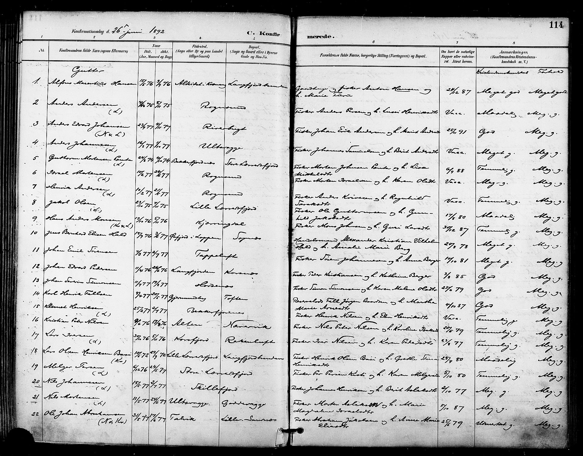 Talvik sokneprestkontor, AV/SATØ-S-1337/H/Ha/L0013kirke: Ministerialbok nr. 13, 1886-1897, s. 114
