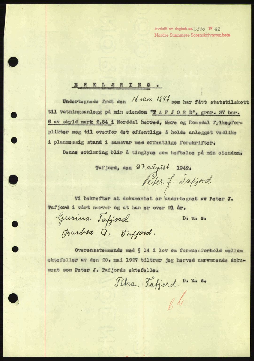 Nordre Sunnmøre sorenskriveri, SAT/A-0006/1/2/2C/2Ca: Pantebok nr. B1-6, 1938-1942, Dagboknr: 1395/1942