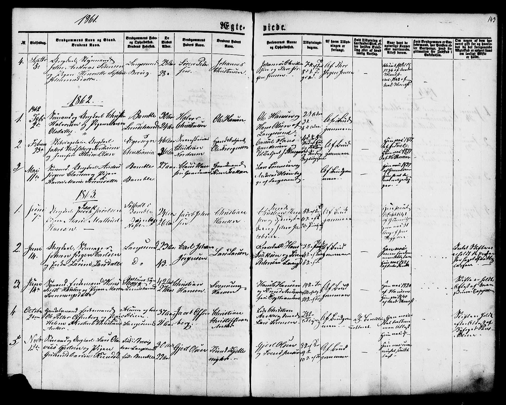 Langesund kirkebøker, AV/SAKO-A-280/G/Ga/L0004: Klokkerbok nr. 4, 1859-1884, s. 143