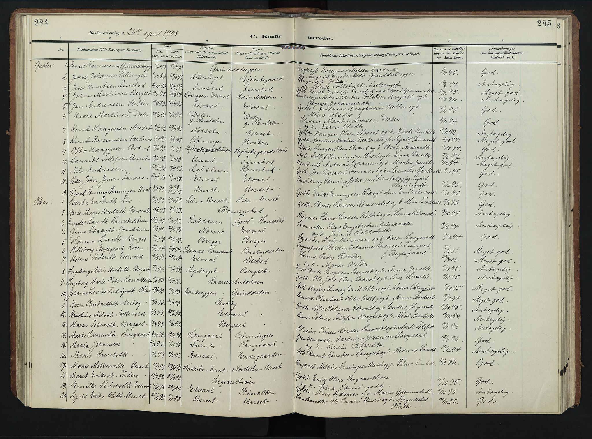 Rendalen prestekontor, AV/SAH-PREST-054/H/Ha/Hab/L0004: Klokkerbok nr. 4, 1904-1946, s. 284-285