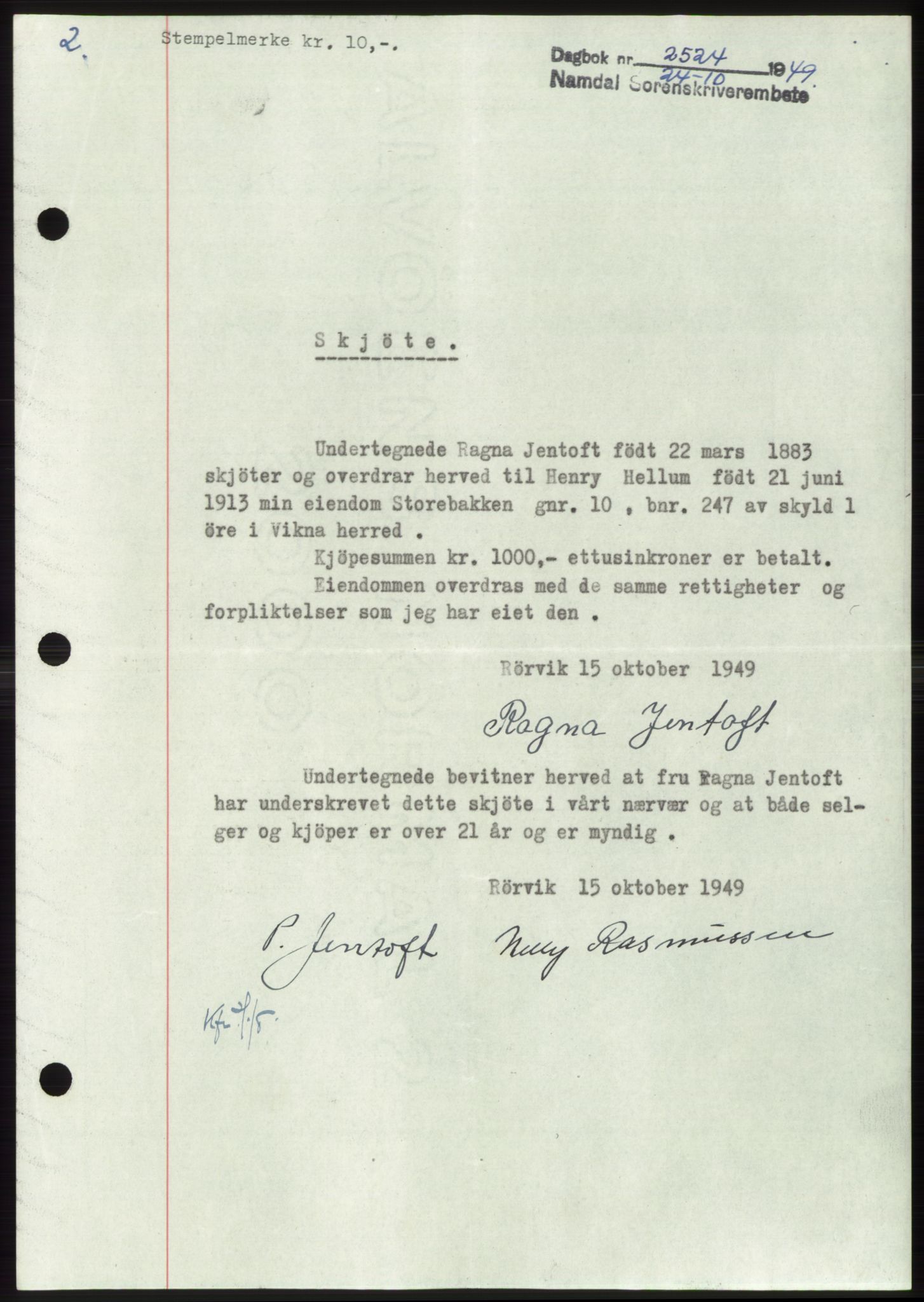 Namdal sorenskriveri, SAT/A-4133/1/2/2C: Pantebok nr. -, 1949-1949, Dagboknr: 2524/1949