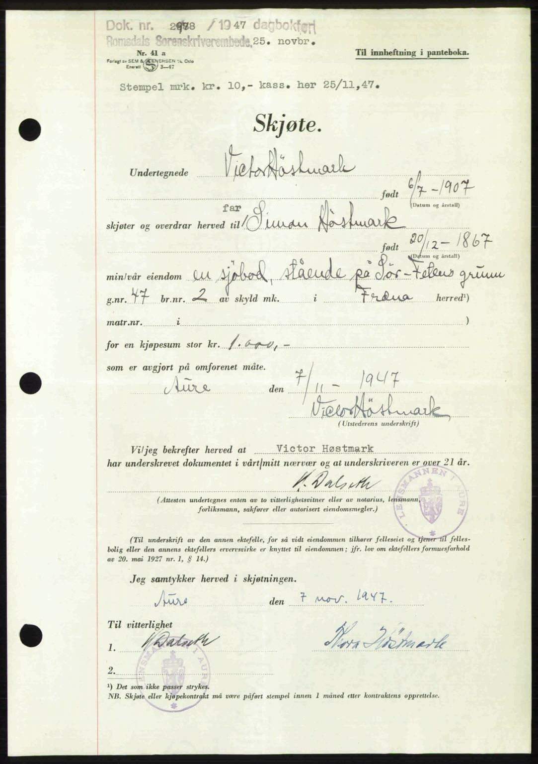 Romsdal sorenskriveri, AV/SAT-A-4149/1/2/2C: Pantebok nr. A24, 1947-1947, Dagboknr: 2978/1947