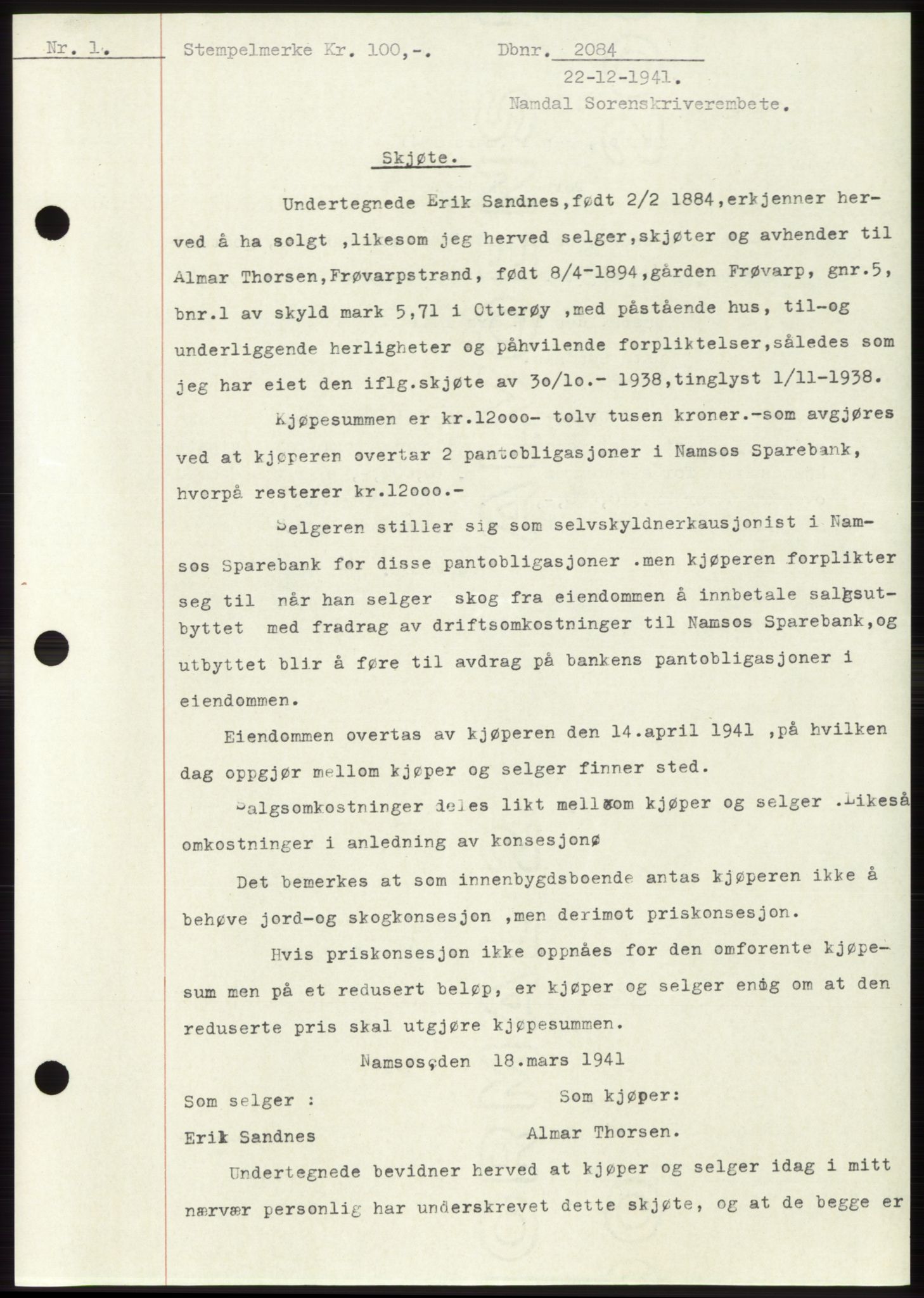 Namdal sorenskriveri, SAT/A-4133/1/2/2C: Pantebok nr. -, 1941-1942, Dagboknr: 2084/1941