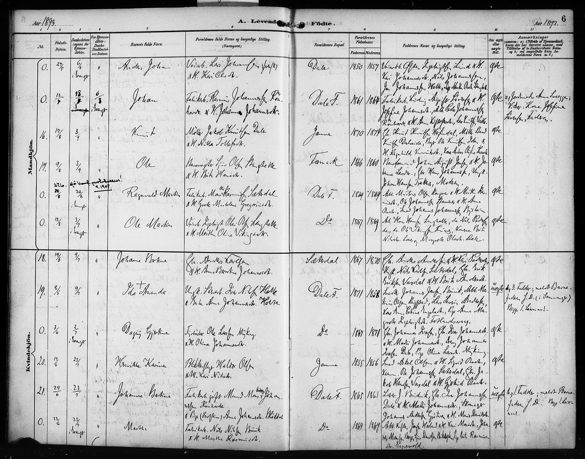 Bruvik Sokneprestembete, AV/SAB-A-74701/H/Haa: Ministerialbok nr. B 2, 1893-1903, s. 6