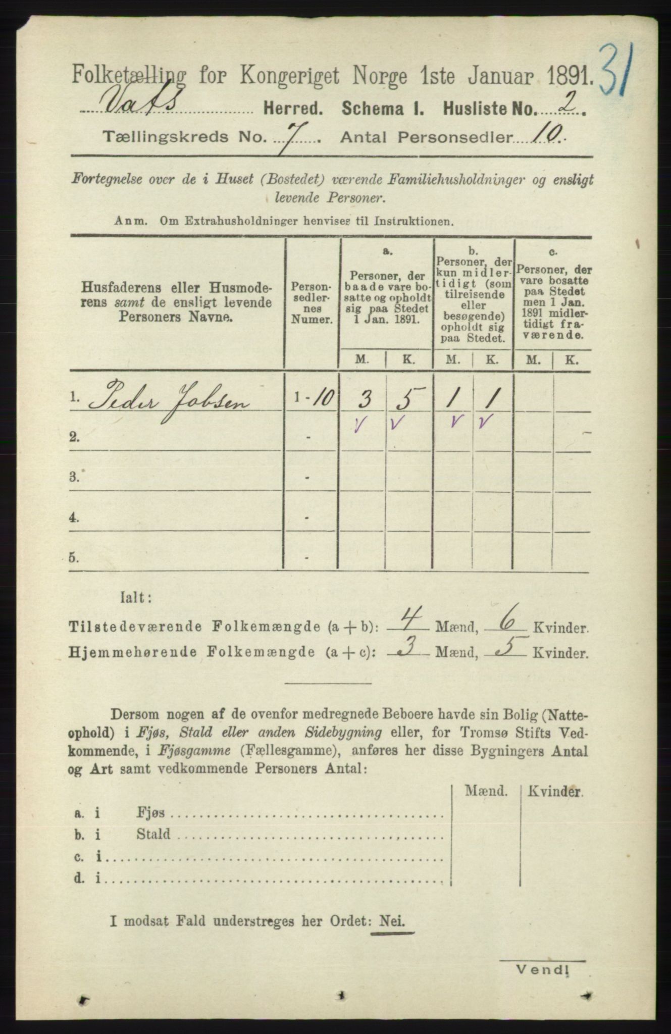 RA, Folketelling 1891 for 1155 Vats herred, 1891, s. 1061